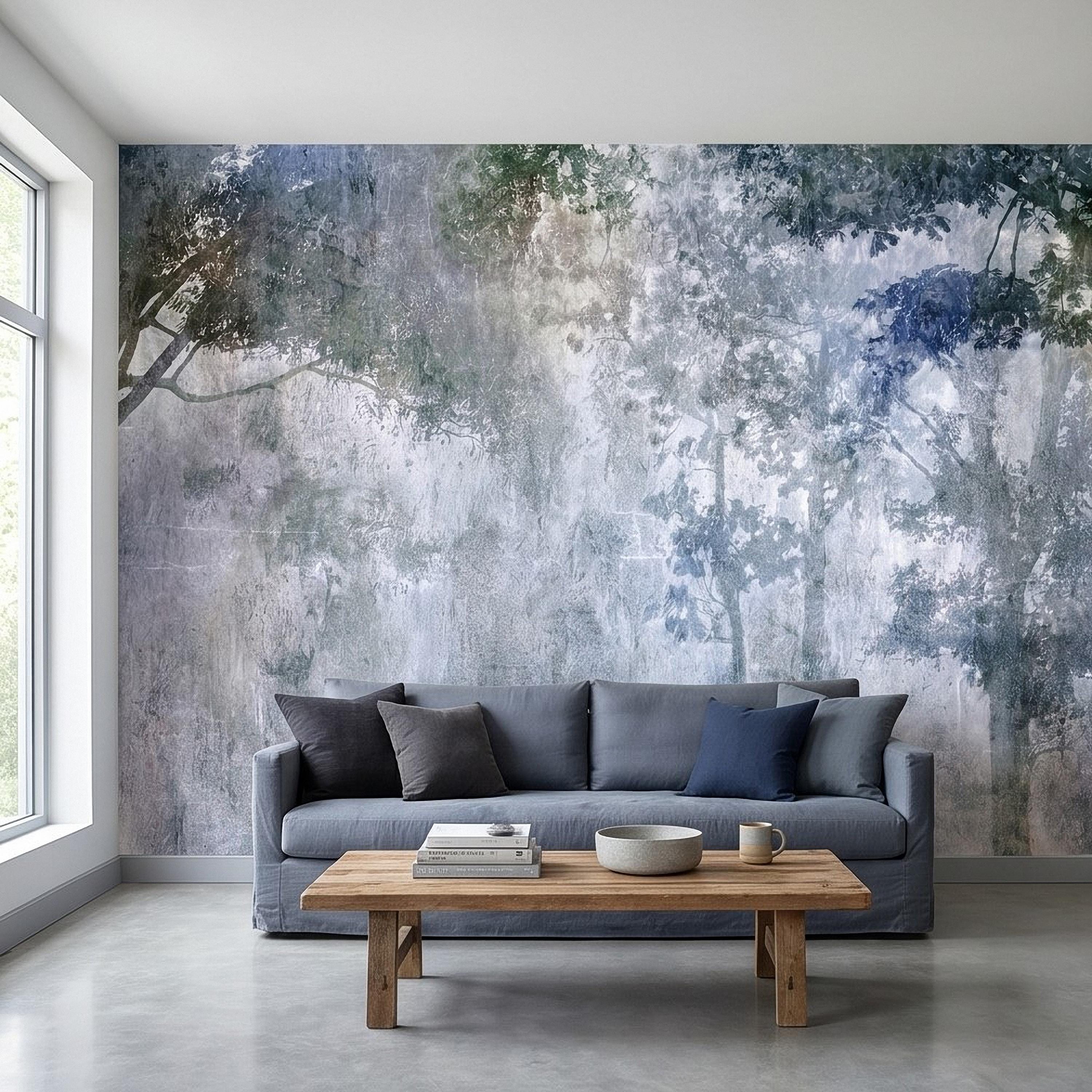 Abstract Forest Shadow Peel and Stick Wall Mural, Blue Gray Textured Plaster, Moody Tree Canopy Silhouette, Wabi Sabi Japandi Wallpaper