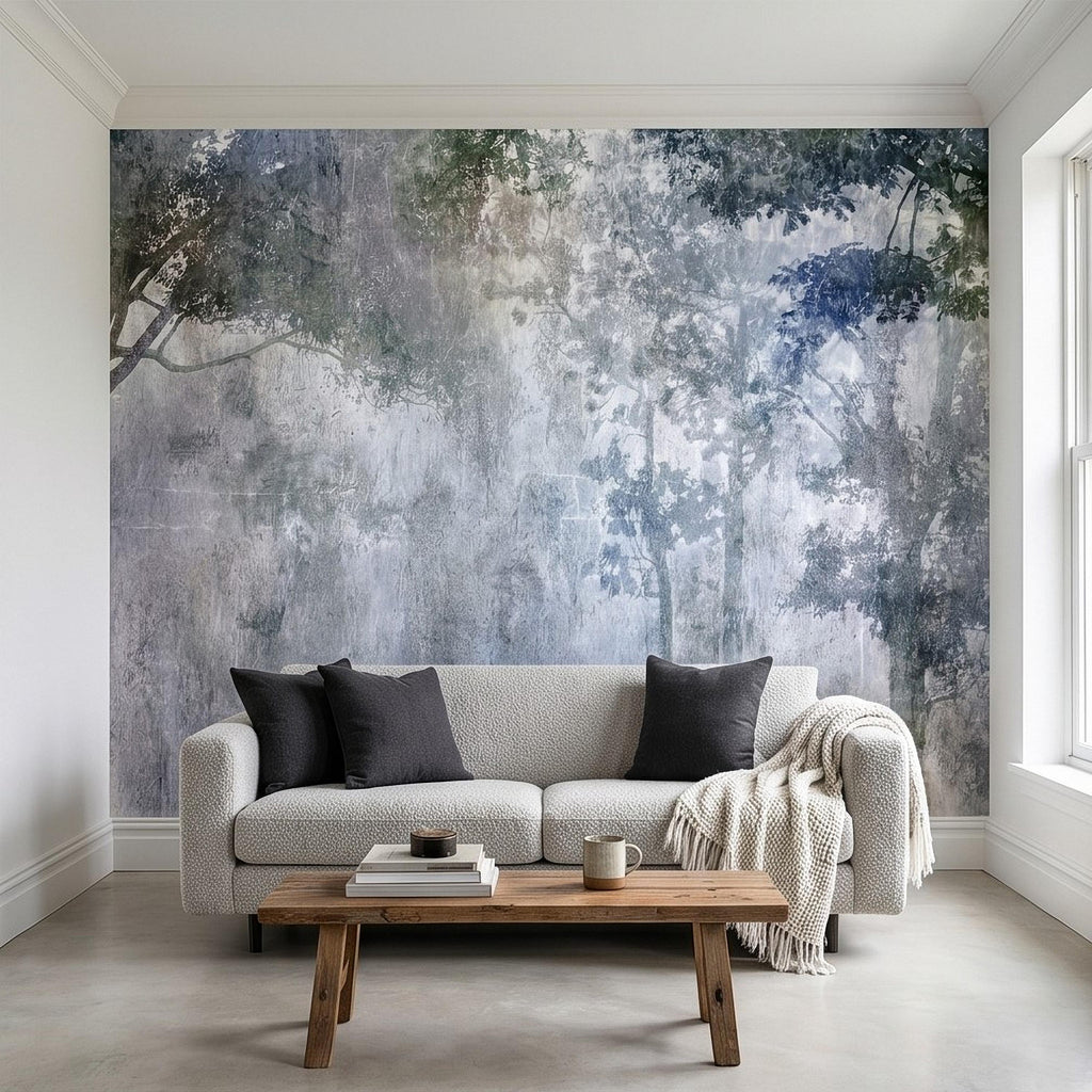 Abstract Forest Shadow Peel and Stick Wall Mural, Blue Gray Textured Plaster, Moody Tree Canopy Silhouette, Wabi Sabi Japandi Wallpaper