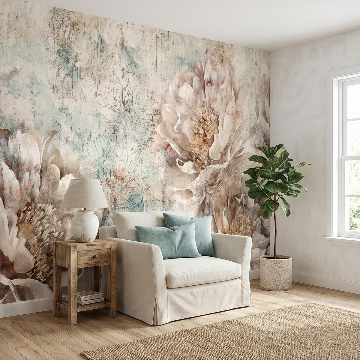 Peony floral wall mural featuring pale pink peonies and blue-green plants with vintage texture