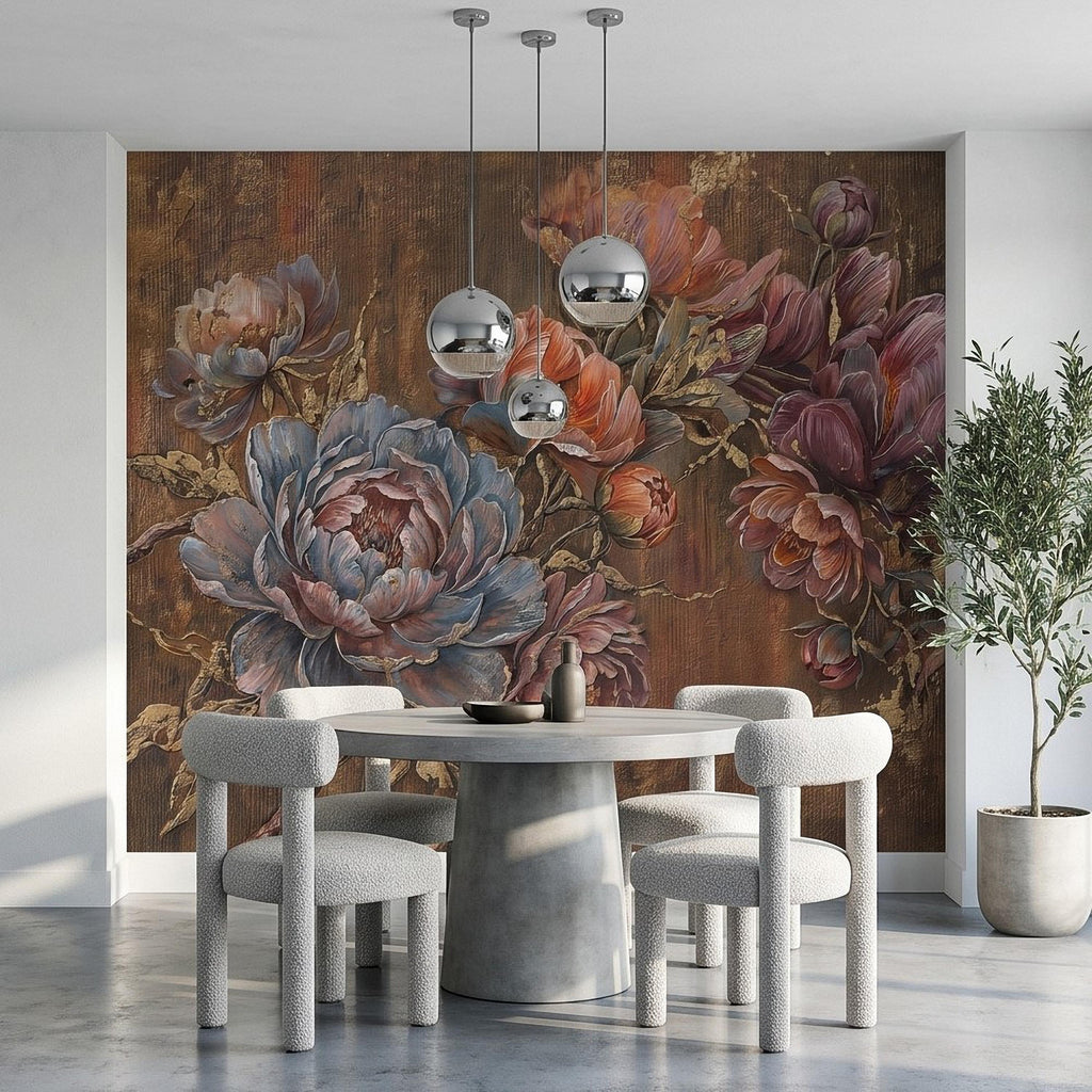 Luxury Peony Floral Peel and Stick Wall Mural, Vintage Painterly Flowers with Leaf Accents, Textured Dark Background, Bold Glam Wallpaper