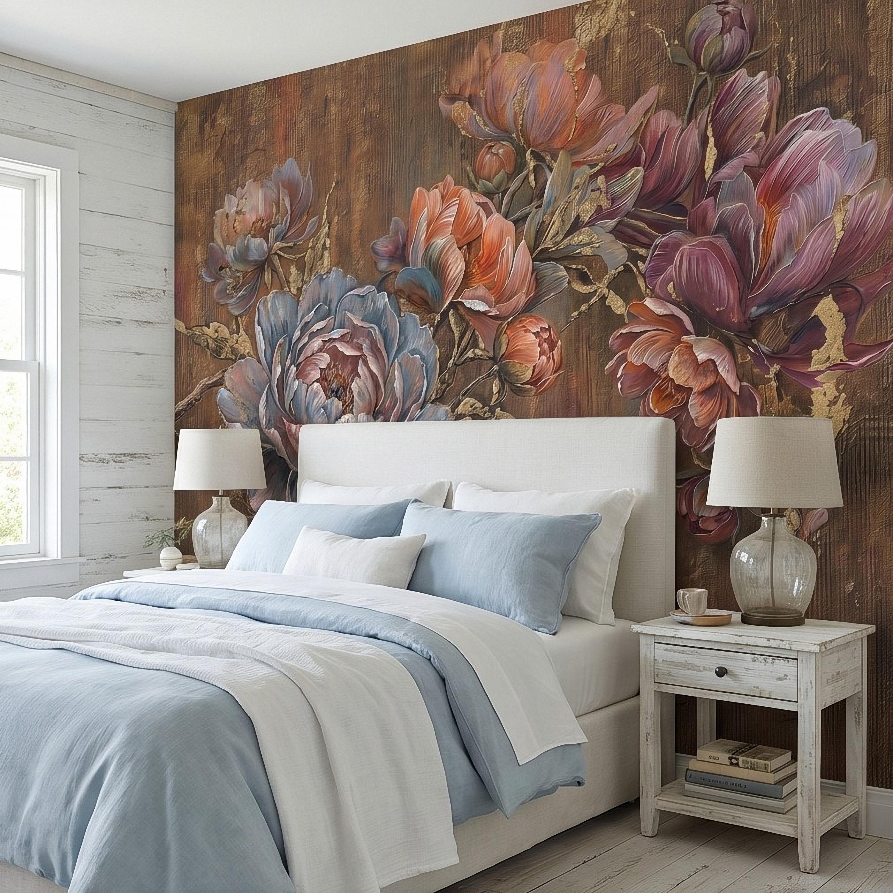 Luxury Peony Floral Peel and Stick Wall Mural, Vintage Painterly Flowers with Leaf Accents, Textured Dark Background, Bold Glam Wallpaper