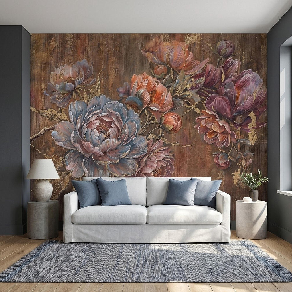Luxury Peony Floral Peel and Stick Wall Mural, Vintage Painterly Flowers with Leaf Accents, Textured Dark Background, Bold Glam Wallpaper