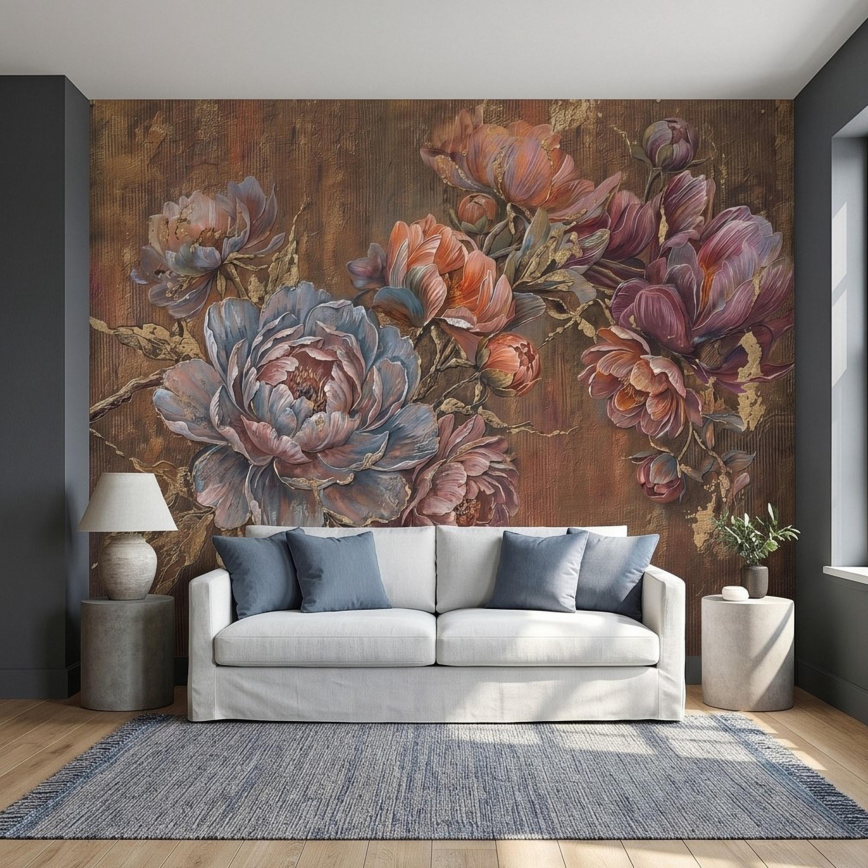 Luxury Peony Floral Peel and Stick Wall Mural, Vintage Painterly Flowers with Leaf Accents, Textured Dark Background, Bold Glam Wallpaper