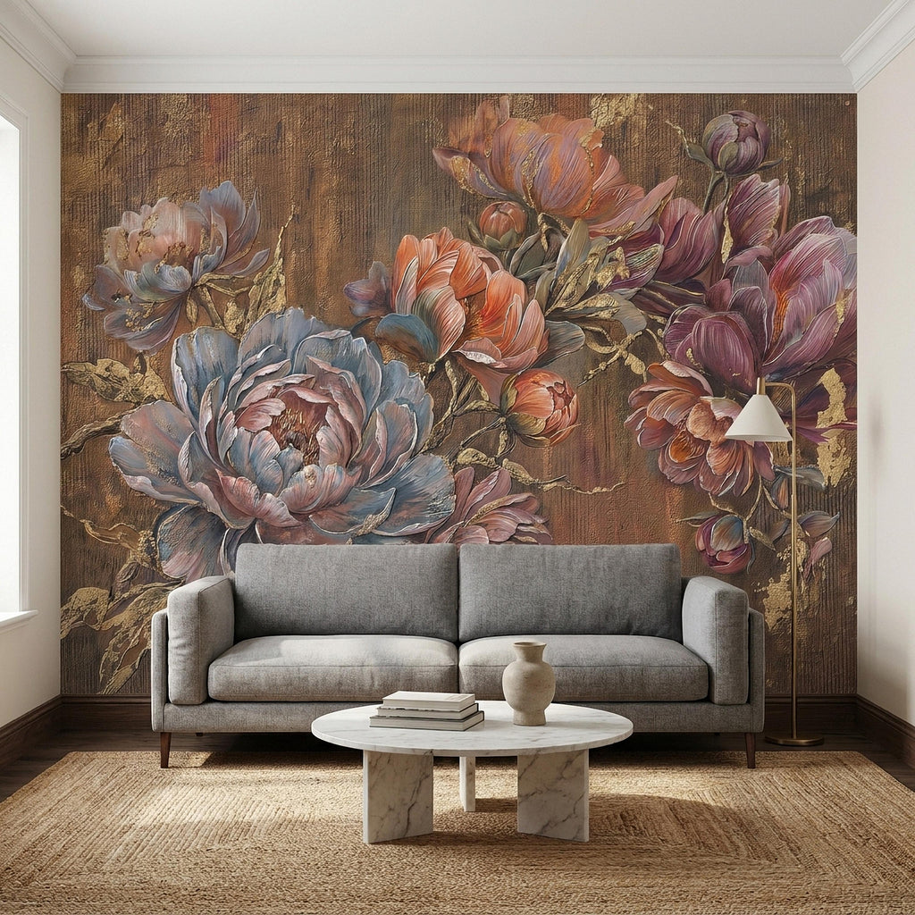 Luxury Peony Floral Peel and Stick Wall Mural, Vintage Painterly Flowers with Leaf Accents, Textured Dark Background, Bold Glam Wallpaper