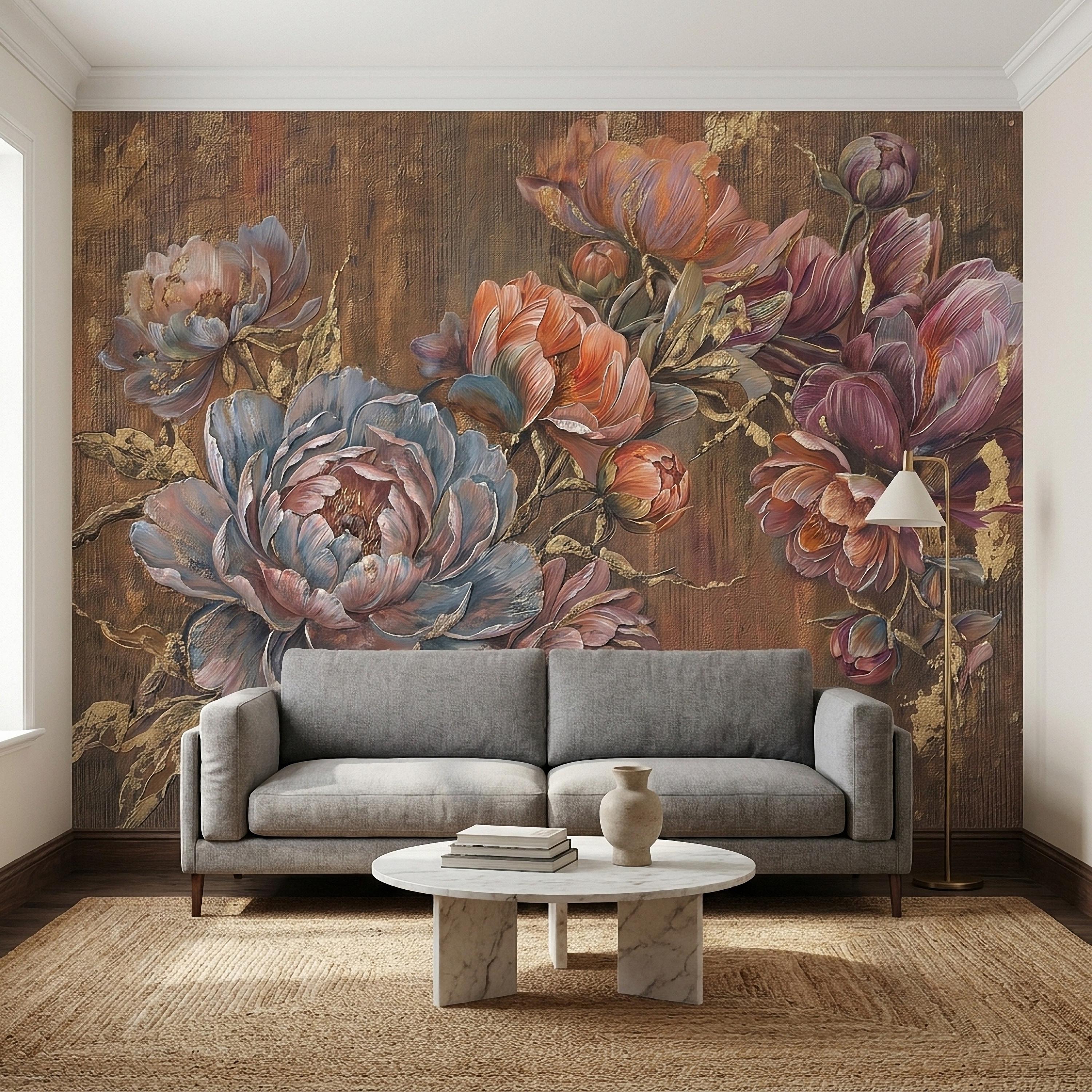 Luxury Peony Floral Peel and Stick Wall Mural, Vintage Painterly Flowers with Leaf Accents, Textured Dark Background, Bold Glam Wallpaper