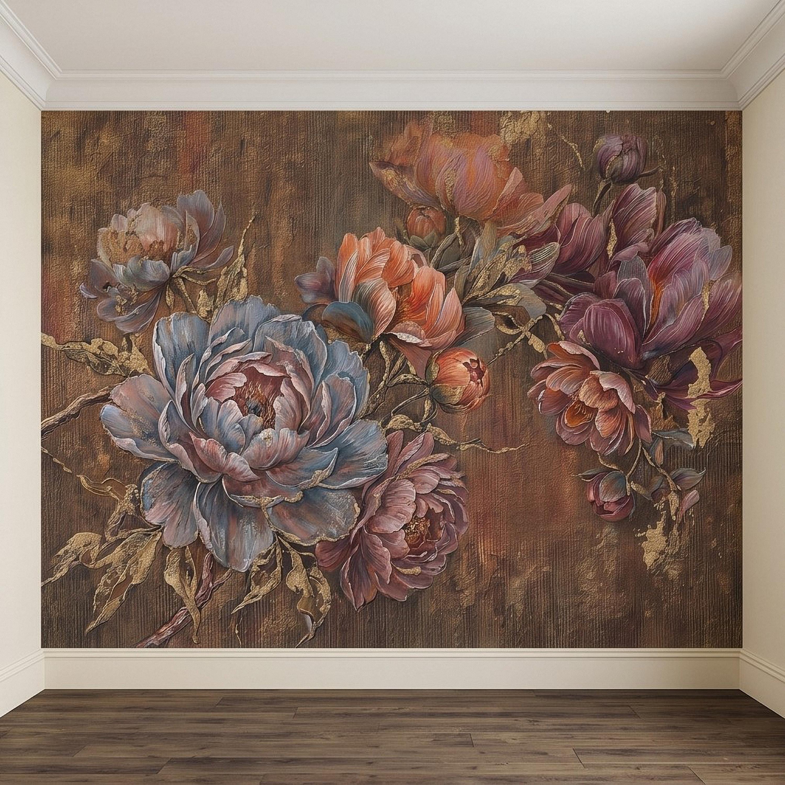 Luxury Peony Floral Peel and Stick Wall Mural, Vintage Painterly Flowers with Leaf Accents, Textured Dark Background, Bold Glam Wallpaper