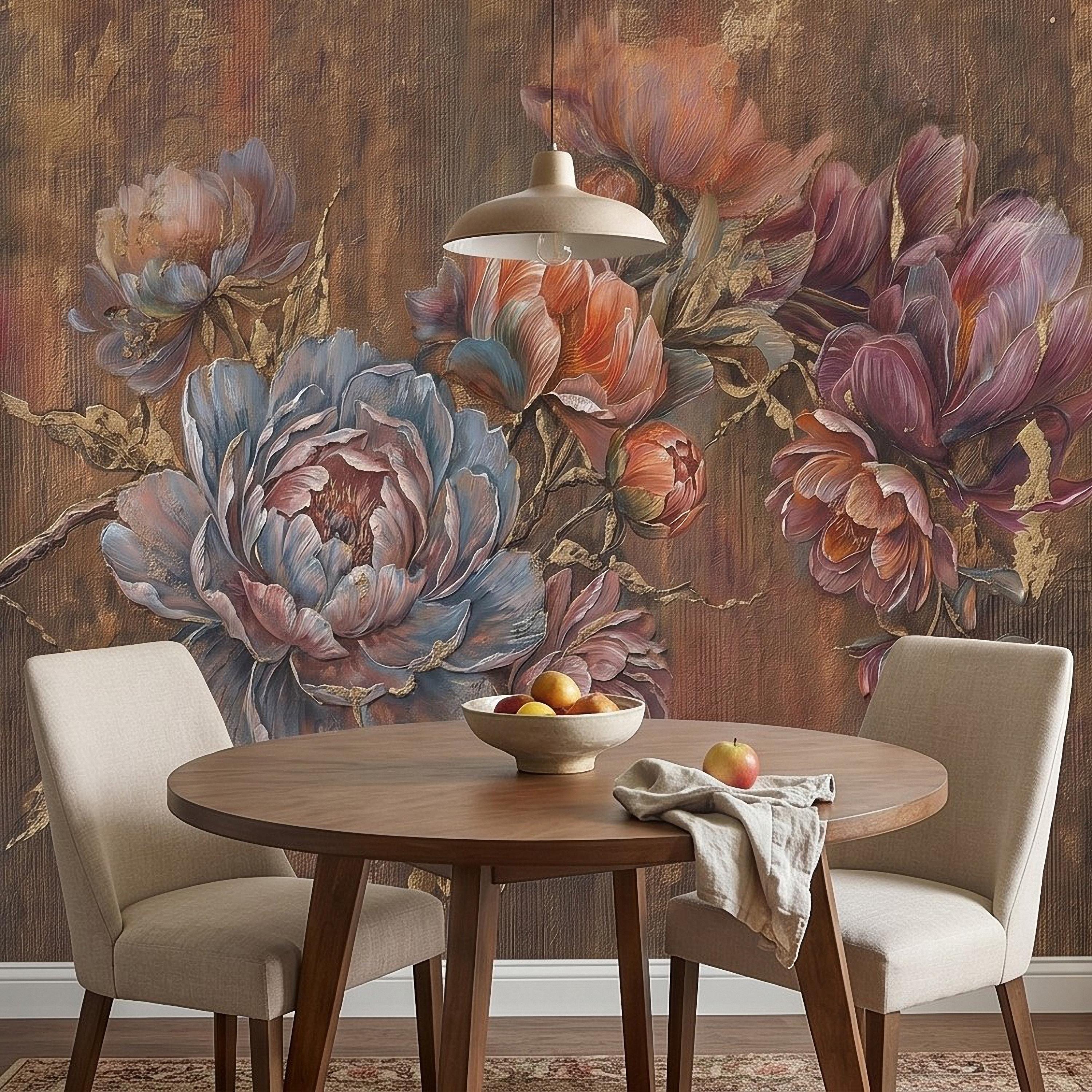 Luxury Peony Floral Peel and Stick Wall Mural, Vintage Painterly Flowers with Leaf Accents, Textured Dark Background, Bold Glam Wallpaper