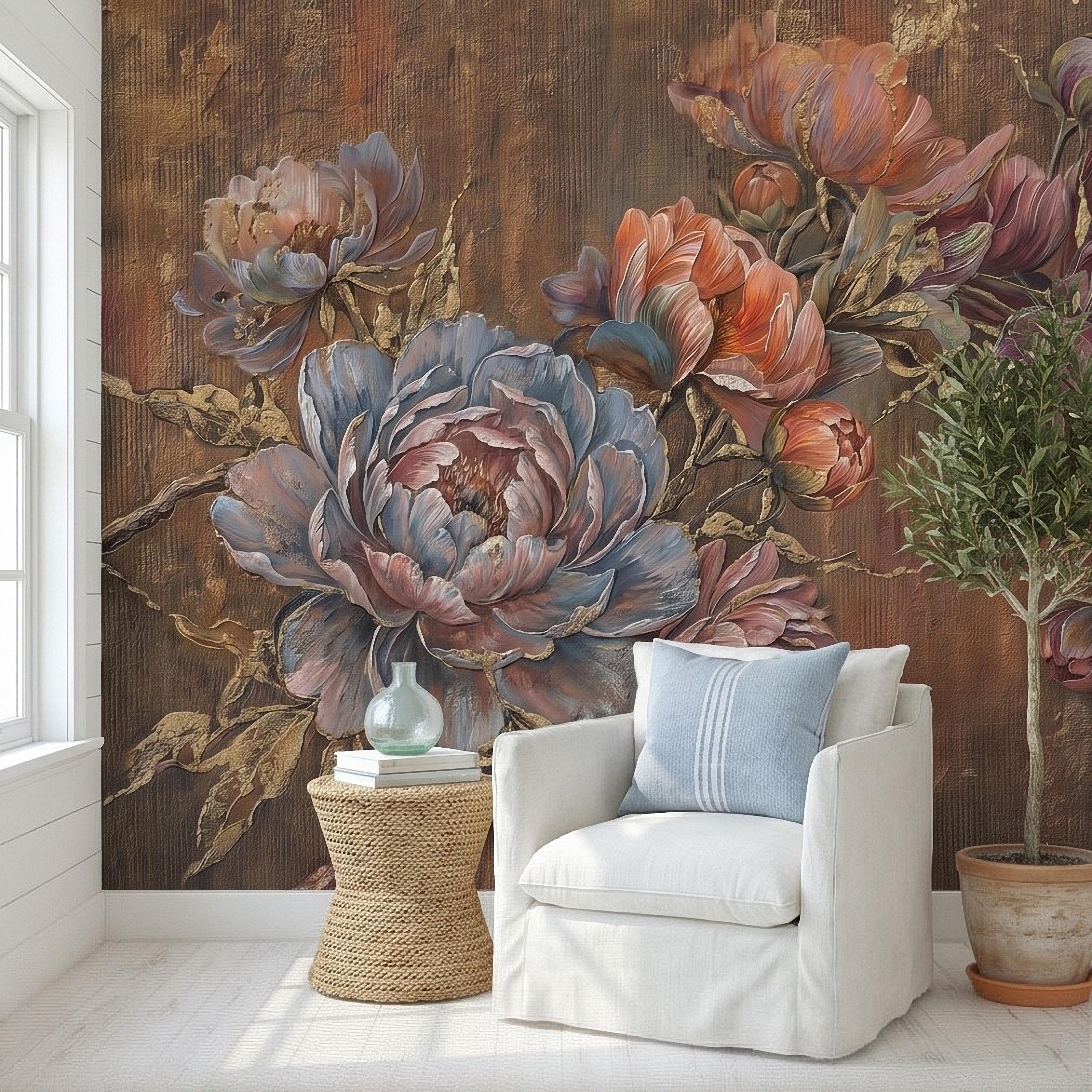 Luxury Peony Floral Peel and Stick Wall Mural, Vintage Painterly Flowers with Leaf Accents, Textured Dark Background, Bold Glam Wallpaper