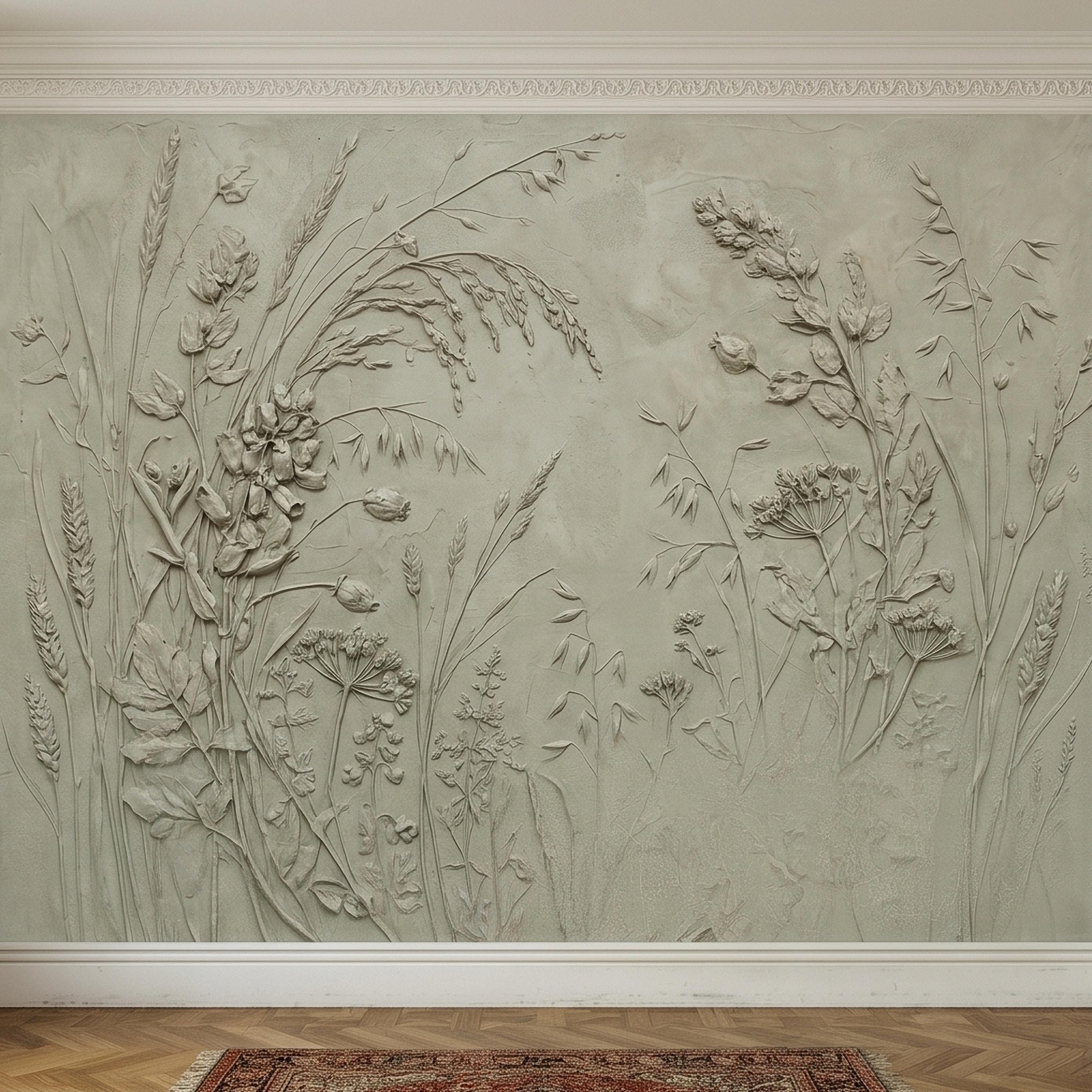 Sage Green Botanical Peel and Stick Wall Mural, Textured Wildflower Meadow Bas Relief Style Luxury Embossed Stucco Limewash Floral Wallpaper