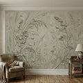 Sage Green Botanical Peel and Stick Wall Mural, Textured Wildflower Meadow Bas Relief Style Luxury Embossed Stucco Limewash Floral Wallpaper
