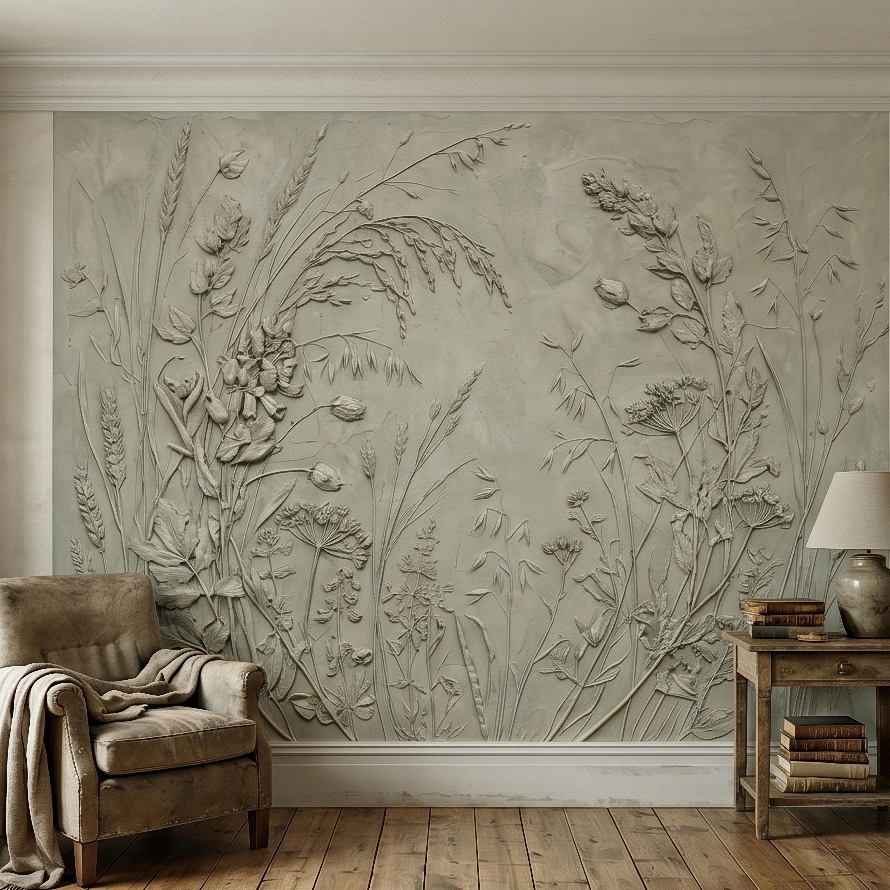 Sage Green Botanical Peel and Stick Wall Mural, Textured Wildflower Meadow Bas Relief Style Luxury Embossed Stucco Limewash Floral Wallpaper