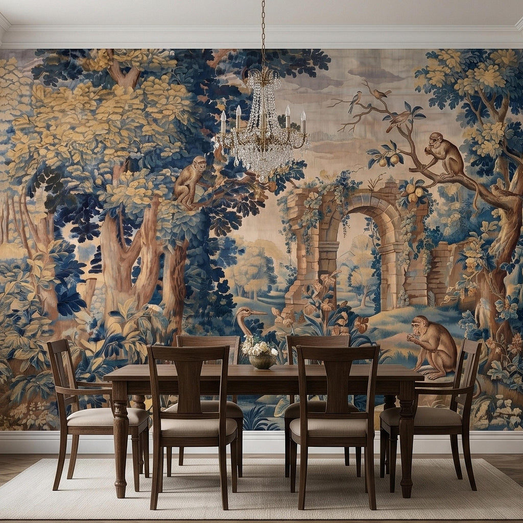 Blue Verdure Monkeys and Birds Peel and Stick Wall Mural, Vintage French Scenic Ruins Archway Garden Toile de Jouy Classic Wallpaper