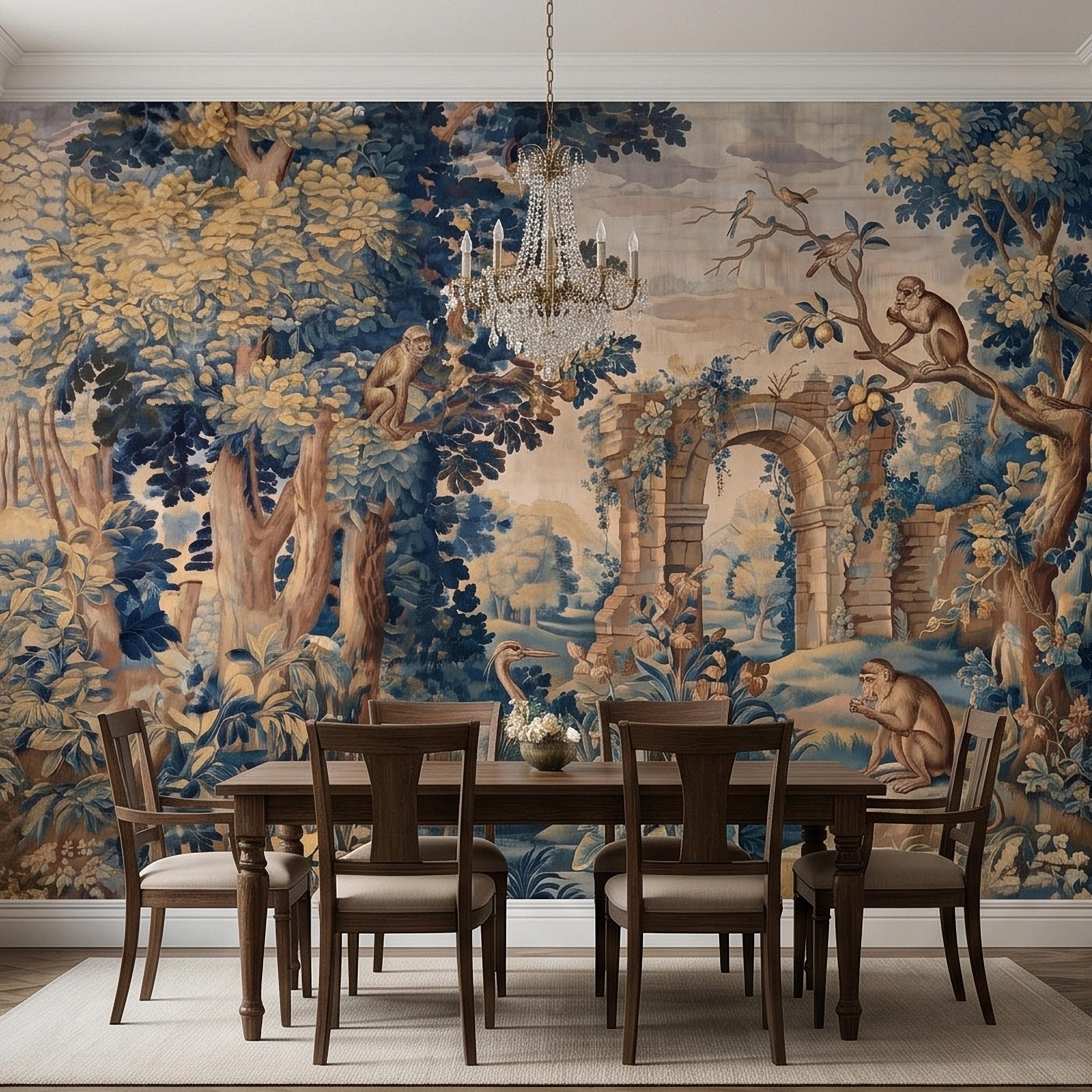 Blue Verdure Monkeys and Birds Peel and Stick Wall Mural, Vintage French Scenic Ruins Archway Garden Toile de Jouy Classic Wallpaper
