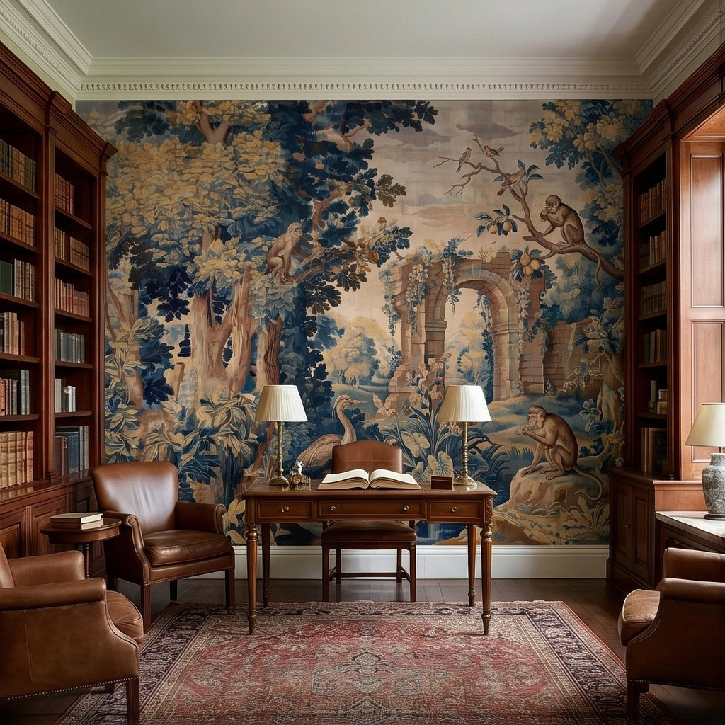 Blue Verdure Monkeys and Birds Peel and Stick Wall Mural, Vintage French Scenic Ruins Archway Garden Toile de Jouy Classic Wallpaper