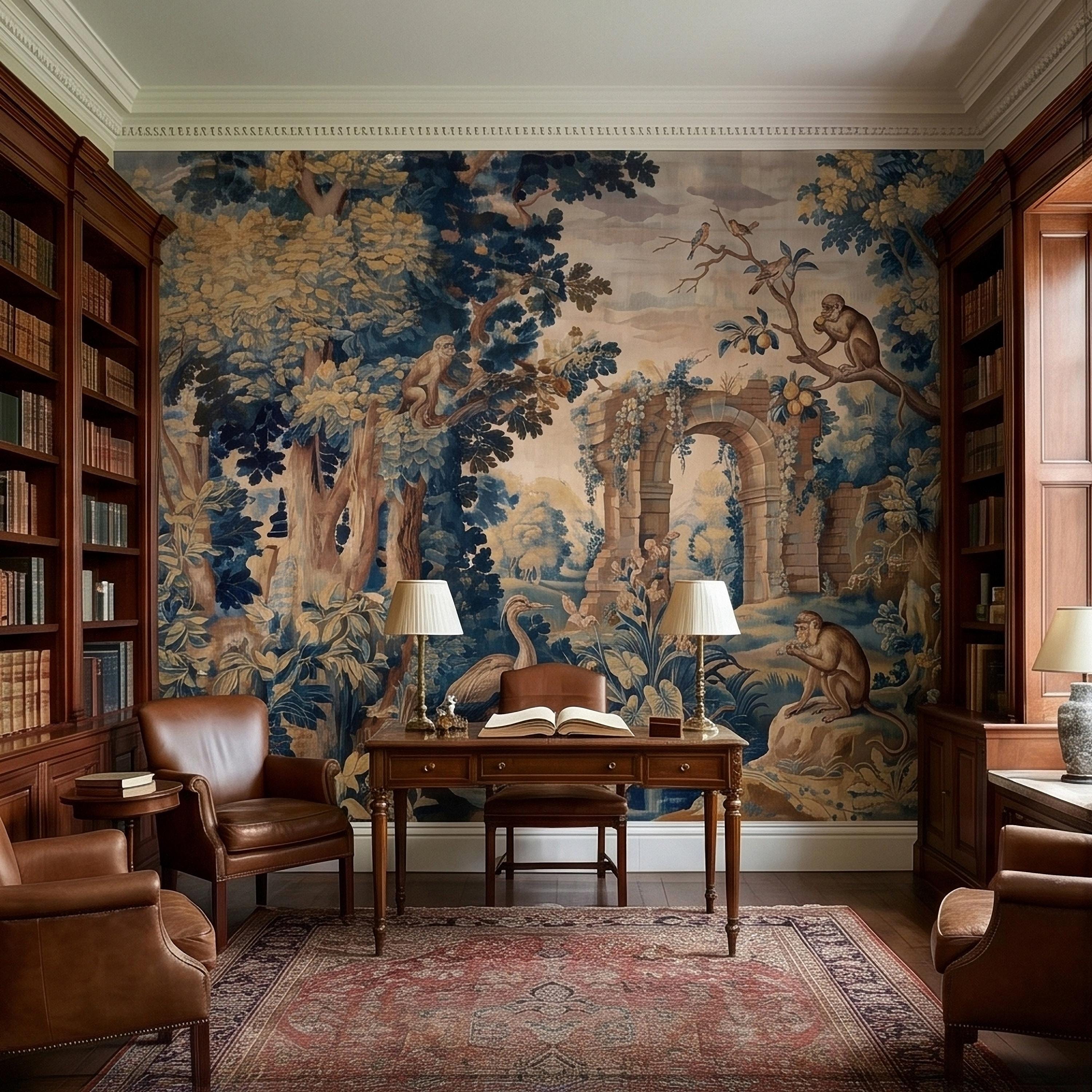 Blue Verdure Monkeys and Birds Peel and Stick Wall Mural, Vintage French Scenic Ruins Archway Garden Toile de Jouy Classic Wallpaper