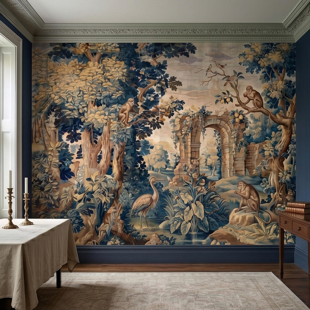 Blue Verdure Monkeys and Birds Peel and Stick Wall Mural, Vintage French Scenic Ruins Archway Garden Toile de Jouy Classic Wallpaper