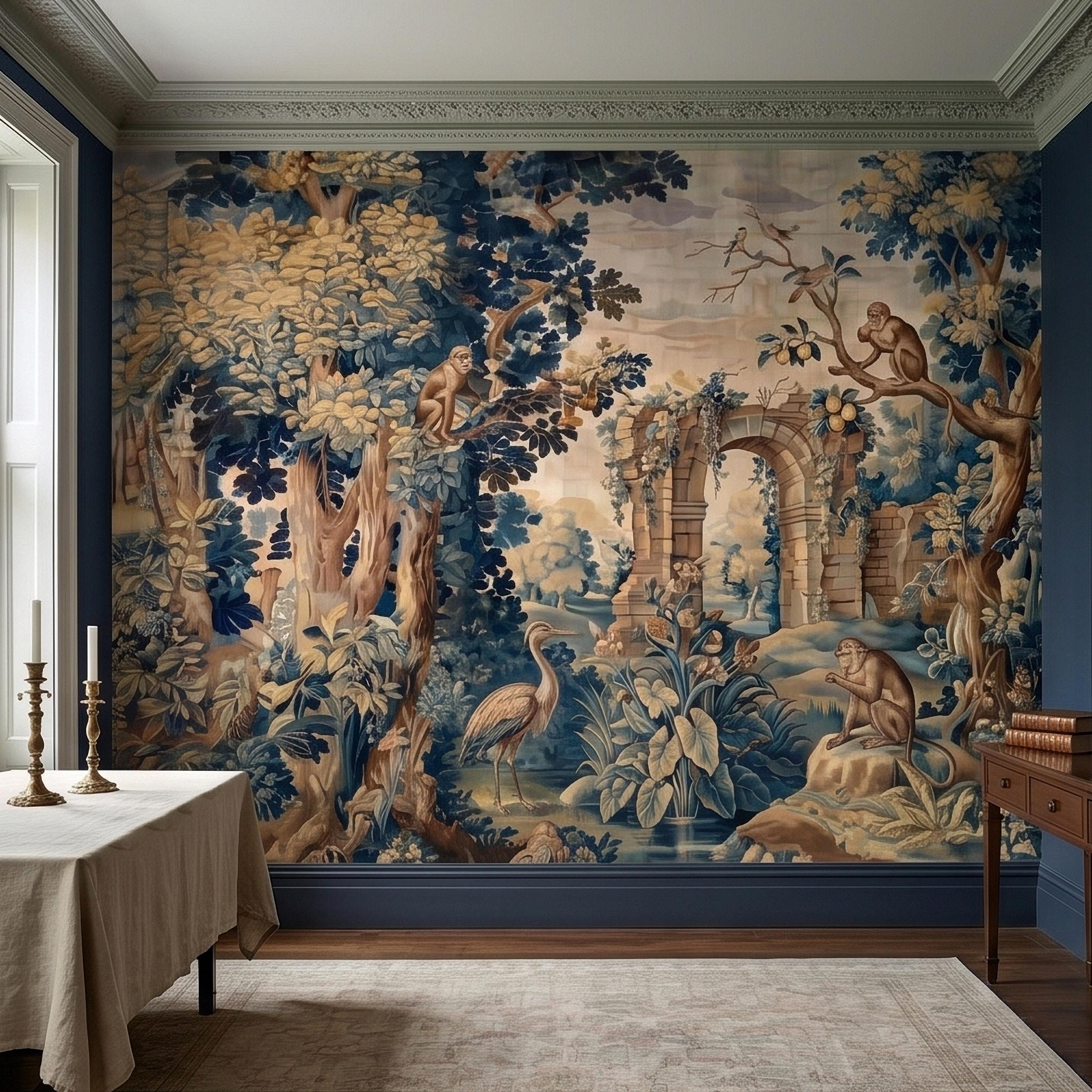 Blue Verdure Monkeys and Birds Peel and Stick Wall Mural, Vintage French Scenic Ruins Archway Garden Toile de Jouy Classic Wallpaper