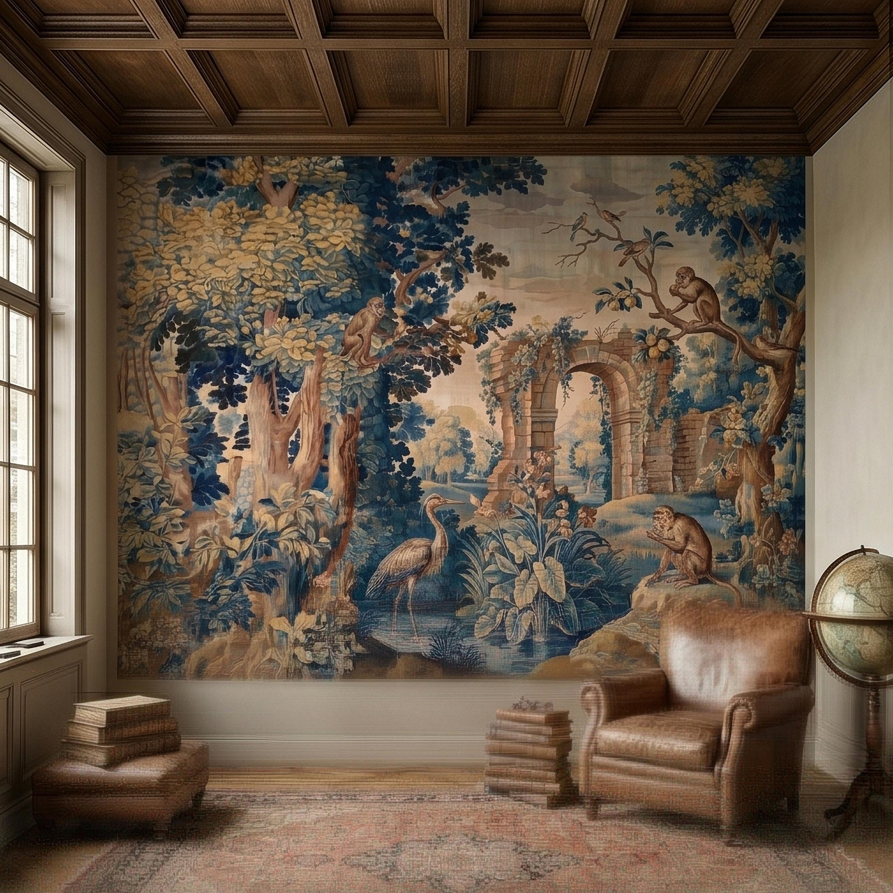 Blue Verdure Monkeys and Birds Peel and Stick Wall Mural, Vintage French Scenic Ruins Archway Garden Toile de Jouy Classic Wallpaper