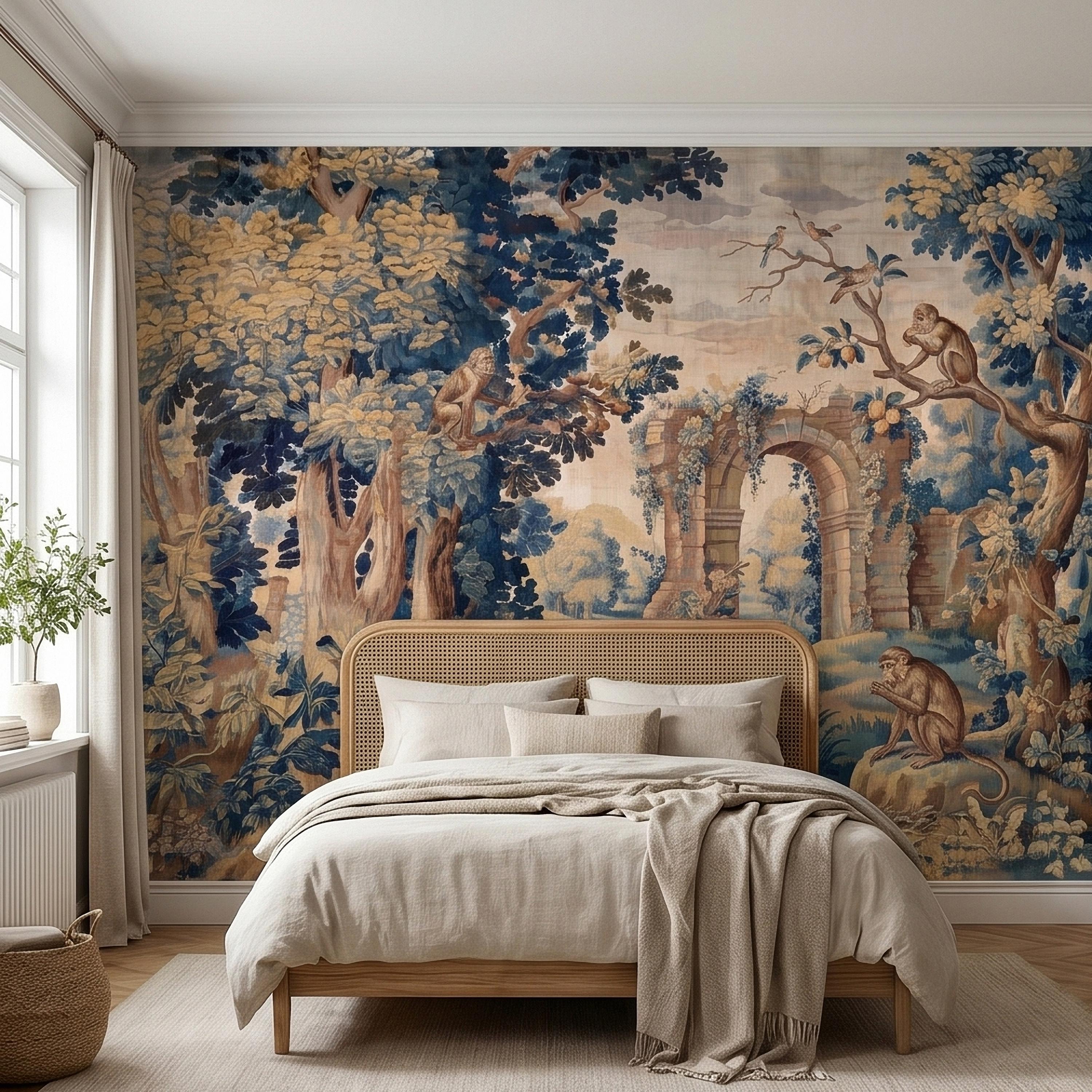 Blue Verdure Monkeys and Birds Peel and Stick Wall Mural, Vintage French Scenic Ruins Archway Garden Toile de Jouy Classic Wallpaper