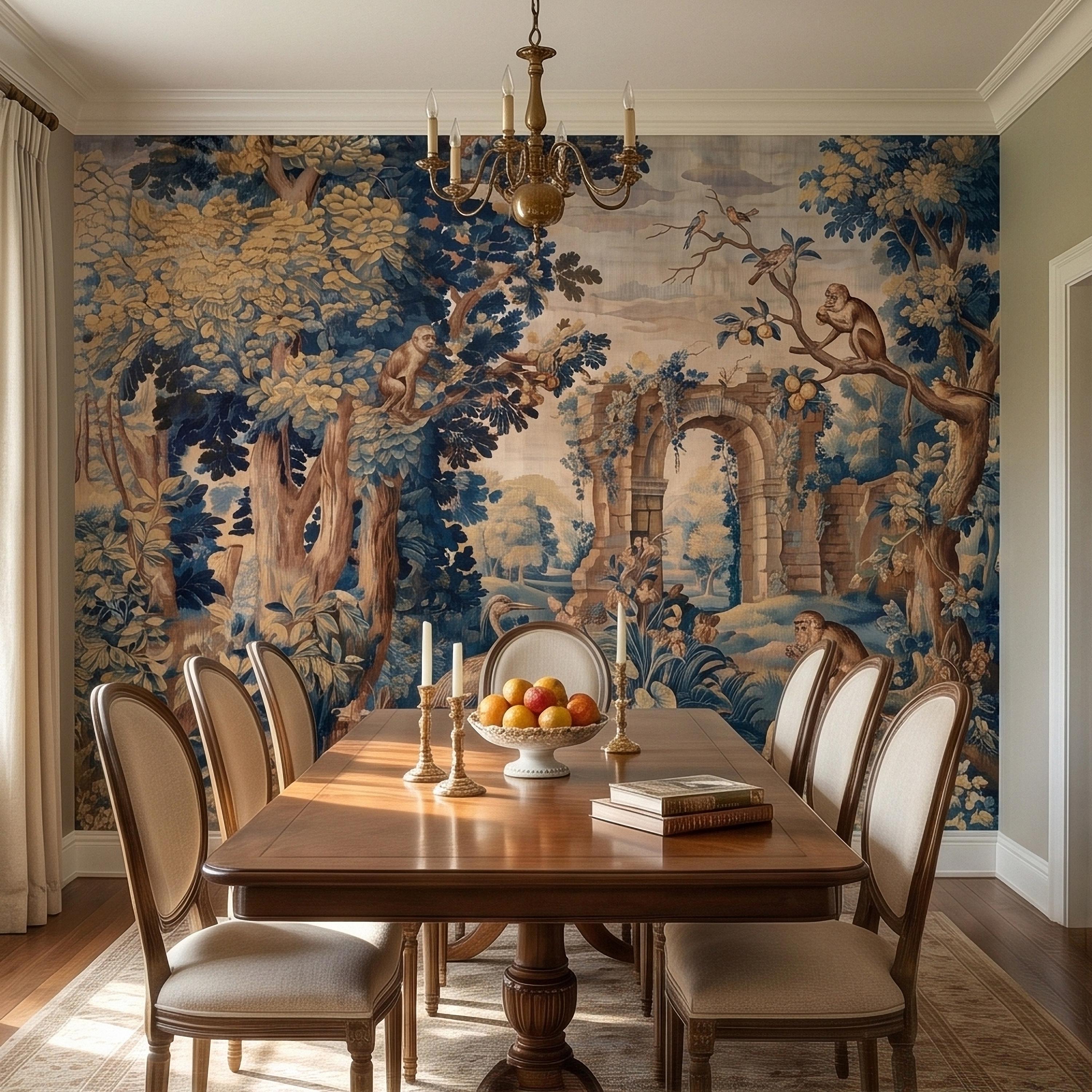 Blue Verdure Monkeys and Birds Peel and Stick Wall Mural, Vintage French Scenic Ruins Archway Garden Toile de Jouy Classic Wallpaper