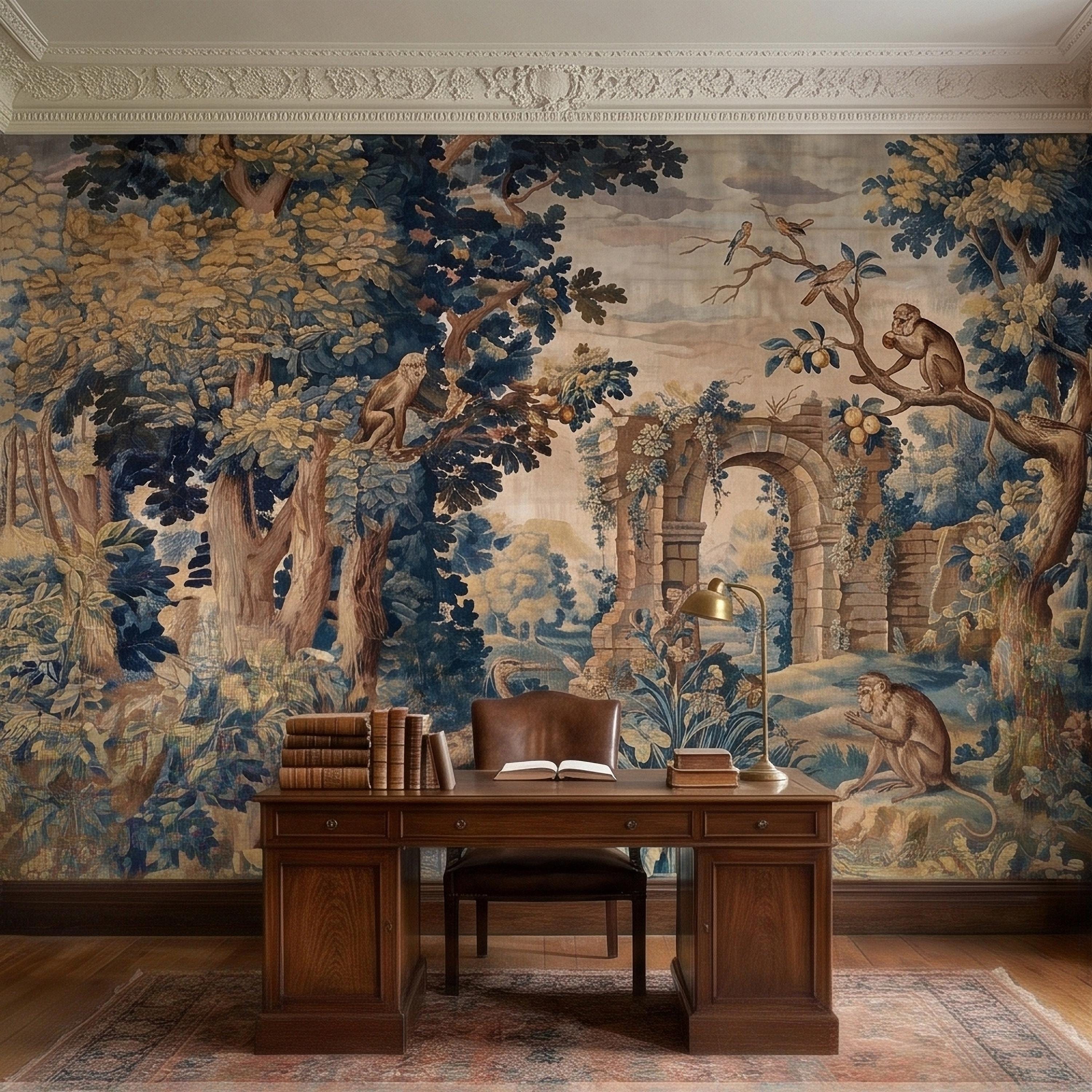 Blue Verdure Monkeys and Birds Peel and Stick Wall Mural, Vintage French Scenic Ruins Archway Garden Toile de Jouy Classic Wallpaper