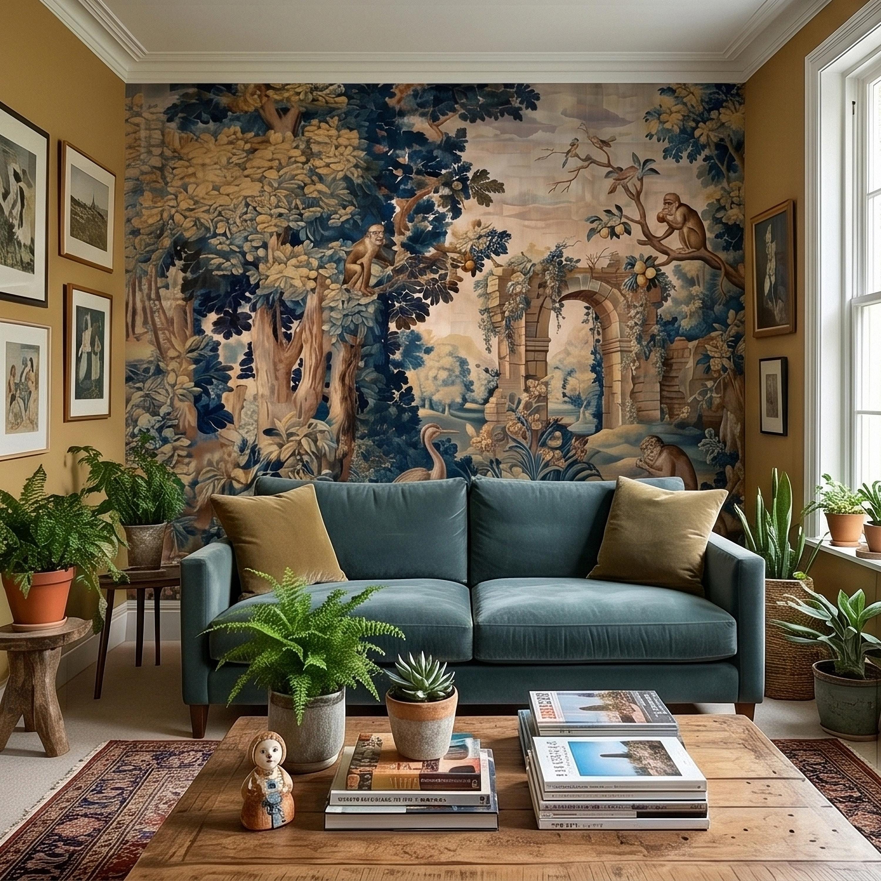Blue Verdure Monkeys and Birds Peel and Stick Wall Mural, Vintage French Scenic Ruins Archway Garden Toile de Jouy Classic Wallpaper