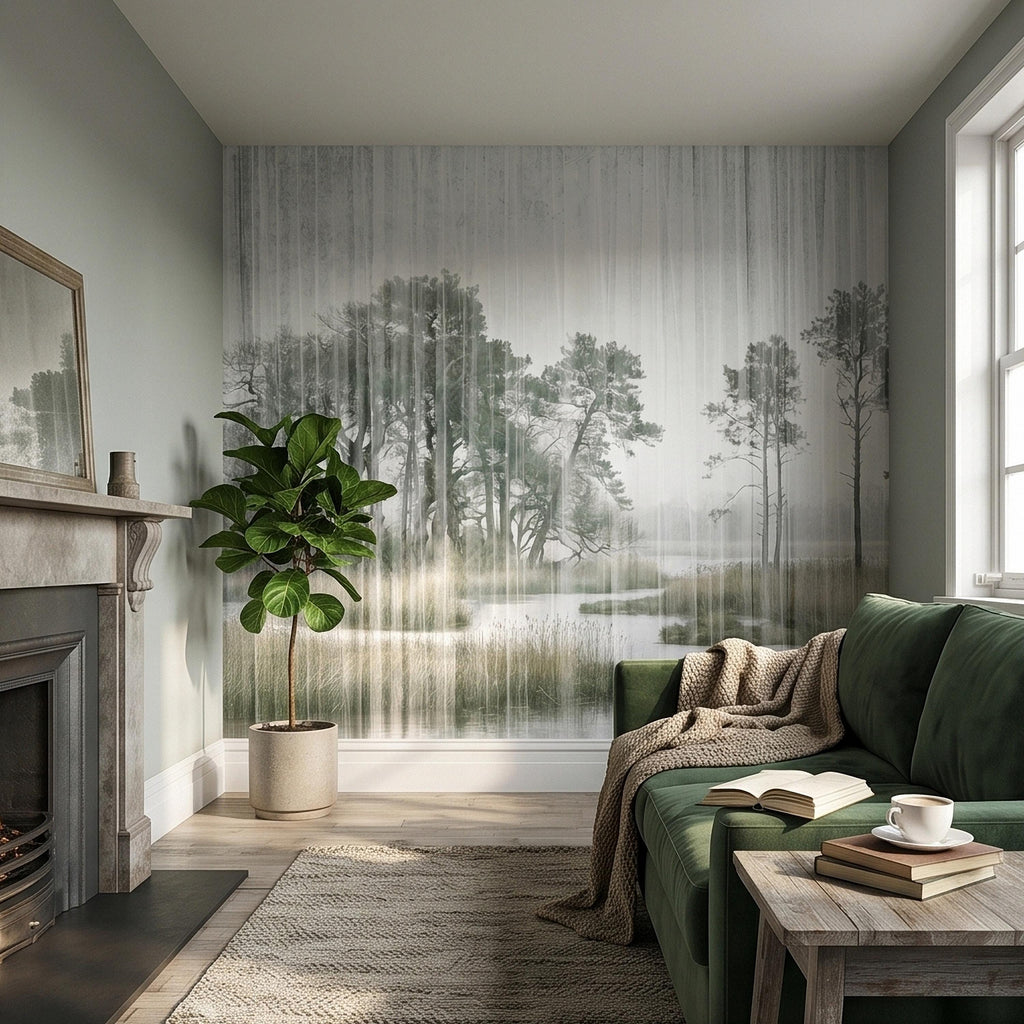 Misty Rain Forest Lake Peel and Stick Wall Mural, Neutral Foggy Wetland Landscape with Pine Trees, Modern Moody Watercolor Wallpaper