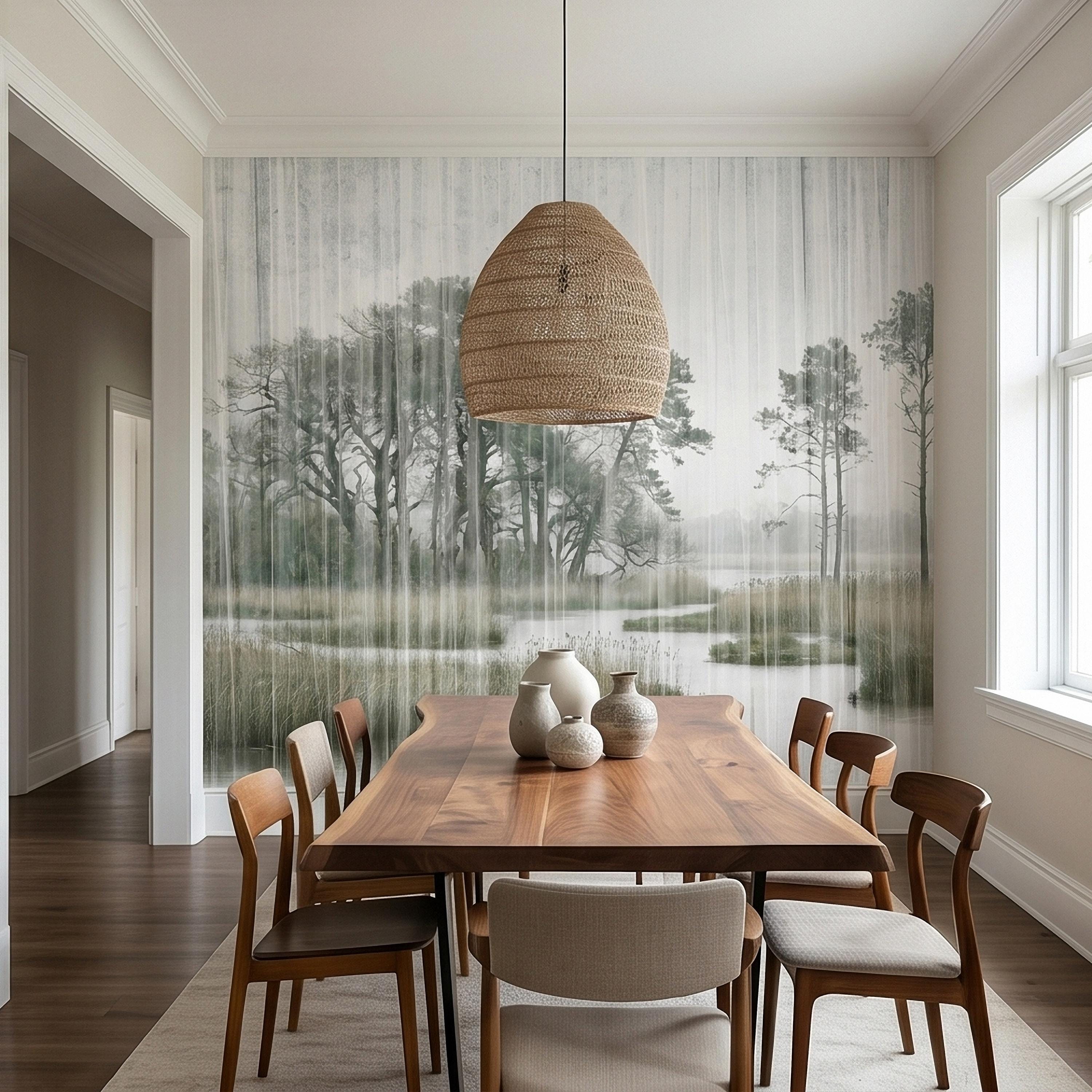 Misty Rain Forest Lake Peel and Stick Wall Mural, Neutral Foggy Wetland Landscape with Pine Trees, Modern Moody Watercolor Wallpaper