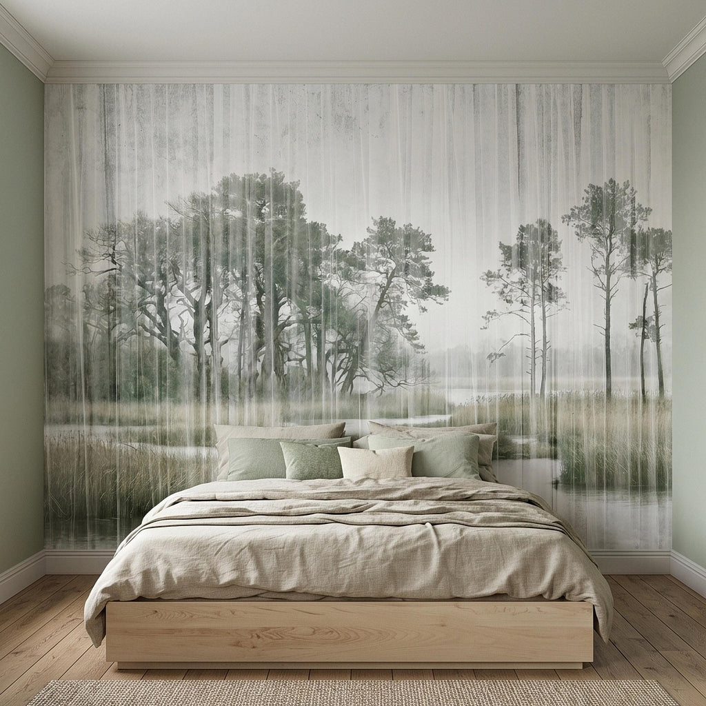 Misty Rain Forest Lake Peel and Stick Wall Mural, Neutral Foggy Wetland Landscape with Pine Trees, Modern Moody Watercolor Wallpaper