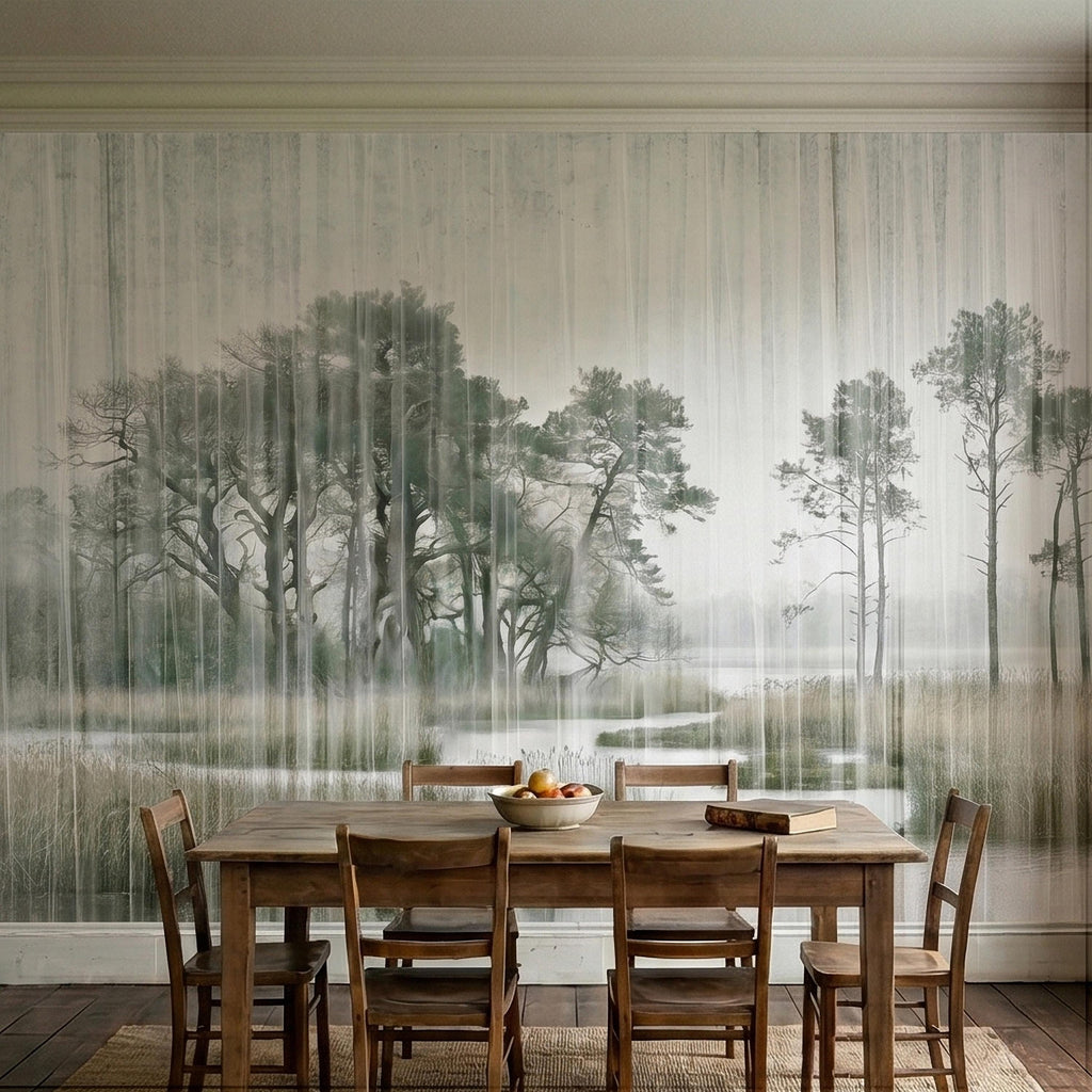 Misty Rain Forest Lake Peel and Stick Wall Mural, Neutral Foggy Wetland Landscape with Pine Trees, Modern Moody Watercolor Wallpaper
