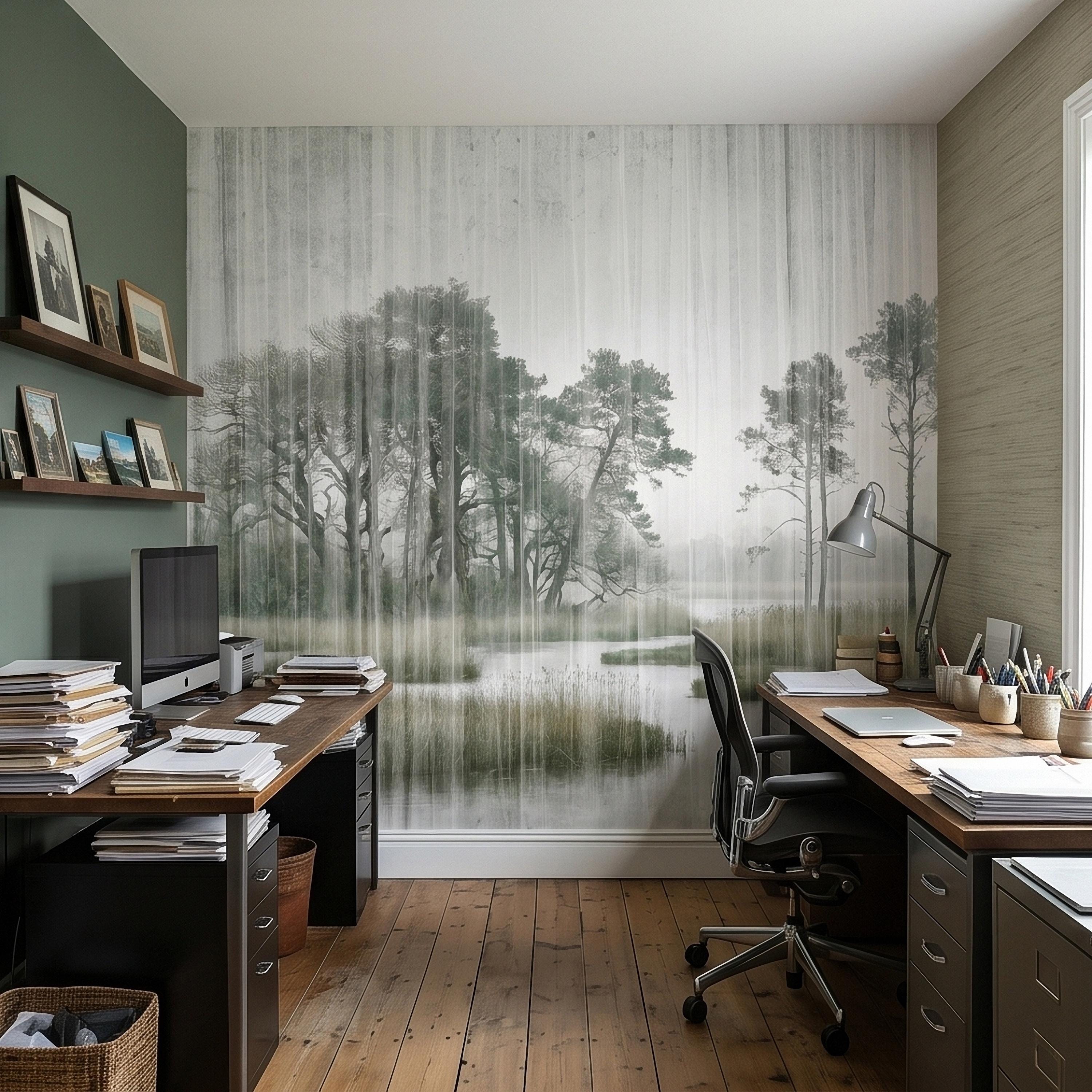Misty Rain Forest Lake Peel and Stick Wall Mural, Neutral Foggy Wetland Landscape with Pine Trees, Modern Moody Watercolor Wallpaper