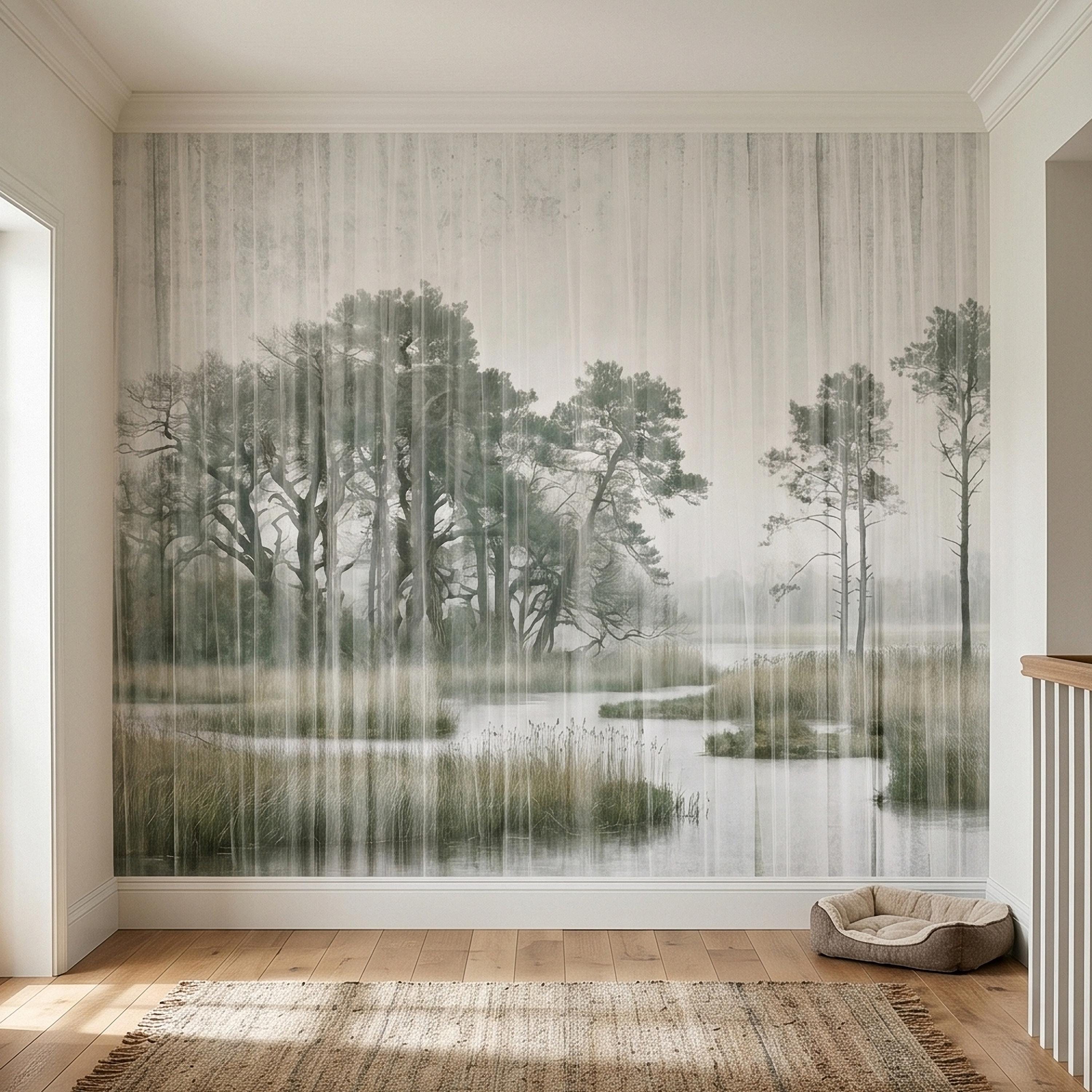 Misty Rain Forest Lake Peel and Stick Wall Mural, Neutral Foggy Wetland Landscape with Pine Trees, Modern Moody Watercolor Wallpaper