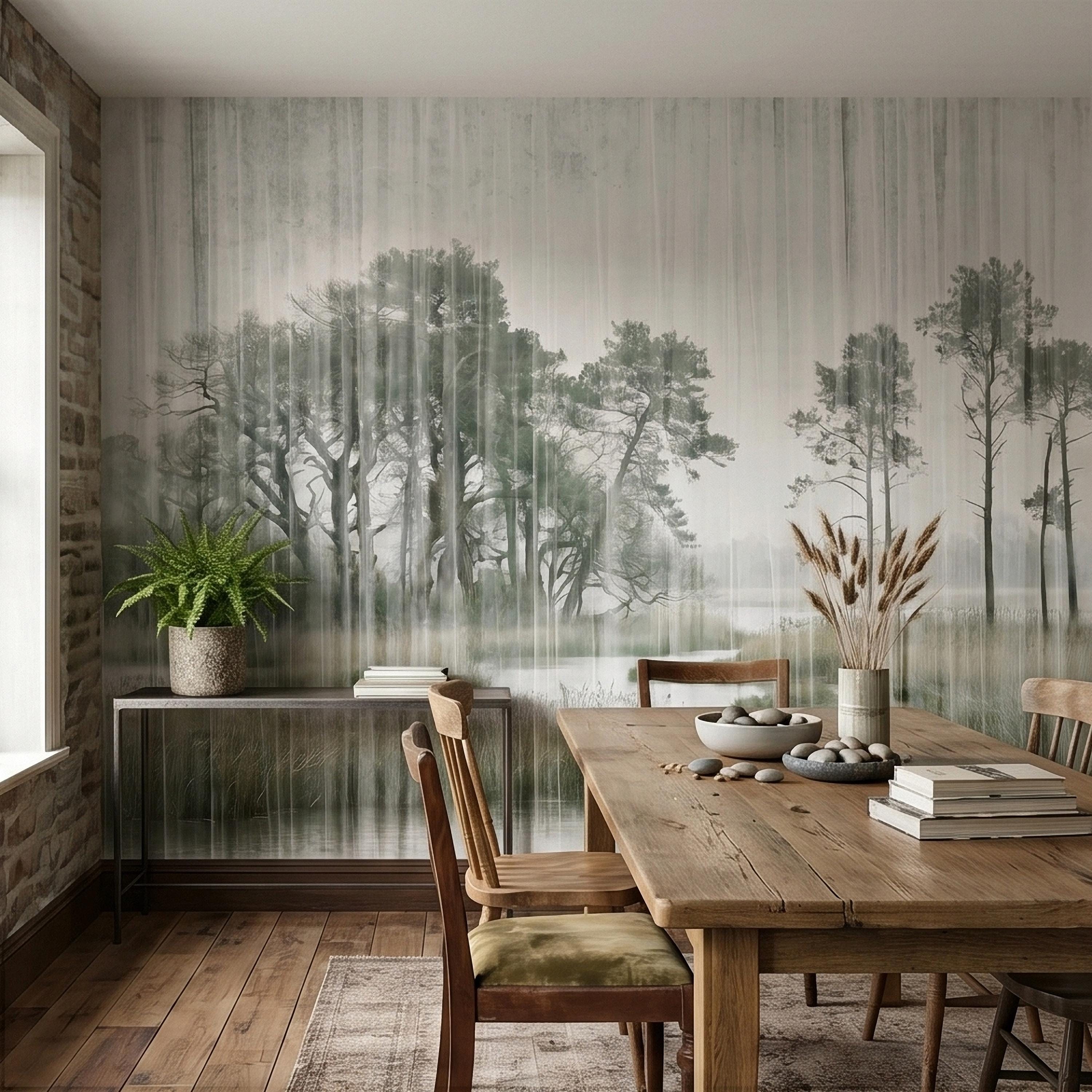 Misty Rain Forest Lake Peel and Stick Wall Mural, Neutral Foggy Wetland Landscape with Pine Trees, Modern Moody Watercolor Wallpaper