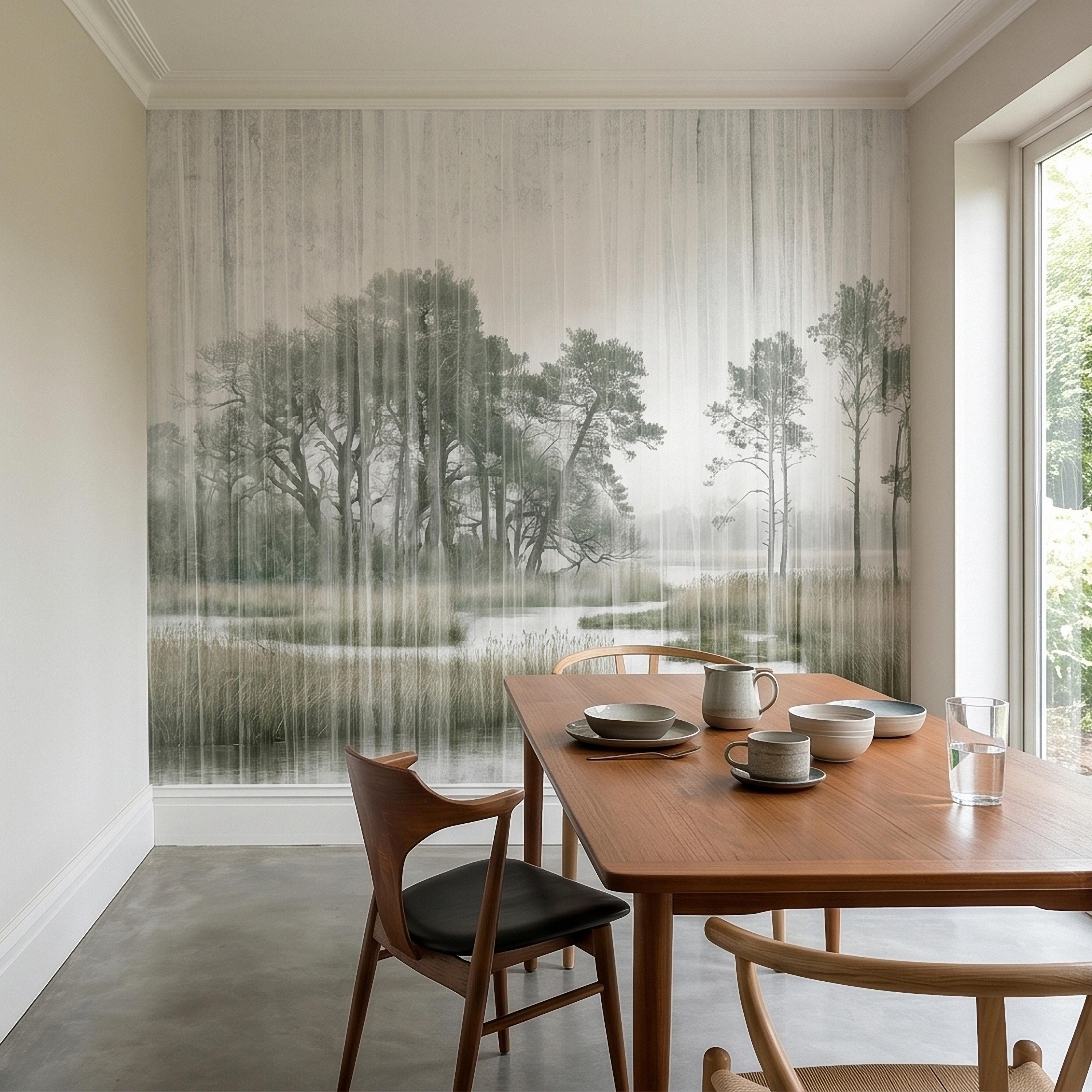 Misty Rain Forest Lake Peel and Stick Wall Mural, Neutral Foggy Wetland Landscape with Pine Trees, Modern Moody Watercolor Wallpaper