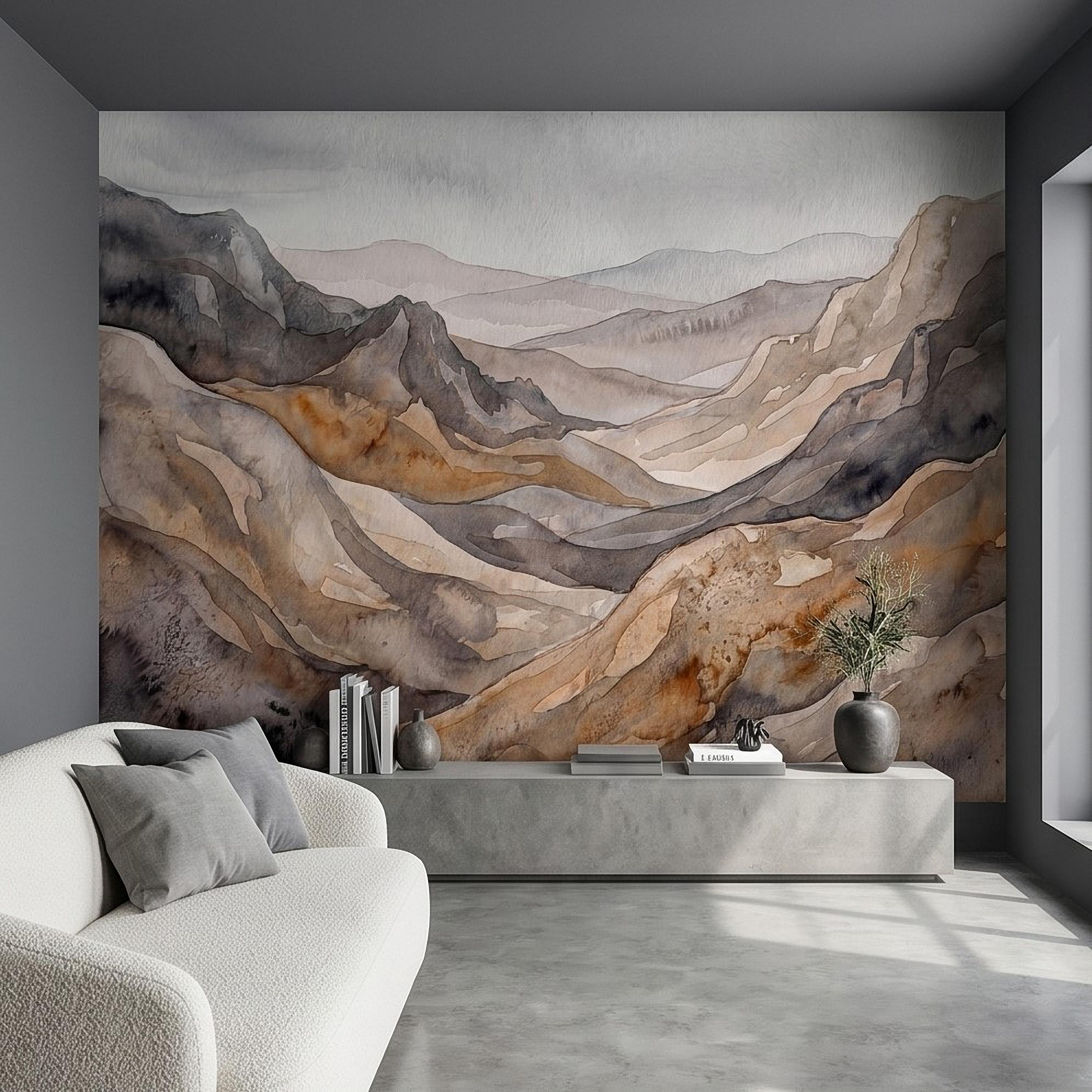 Neutral Watercolor Mountains Peel and Stick Wall Mural, Abstract Earth Tone Range, Minimal Boho Scandi Modern Hills Vista Wallpaper