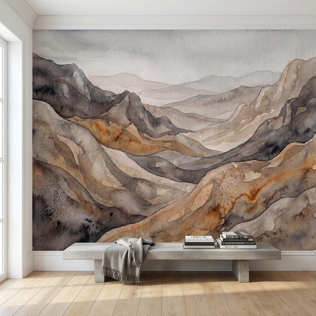 Neutral Watercolor Mountains Peel and Stick Wall Mural, Abstract Earth Tone Range, Minimal Boho Scandi Modern Hills Vista Wallpaper