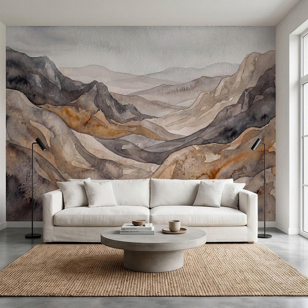 Neutral Watercolor Mountains Peel and Stick Wall Mural, Abstract Earth Tone Range, Minimal Boho Scandi Modern Hills Vista Wallpaper