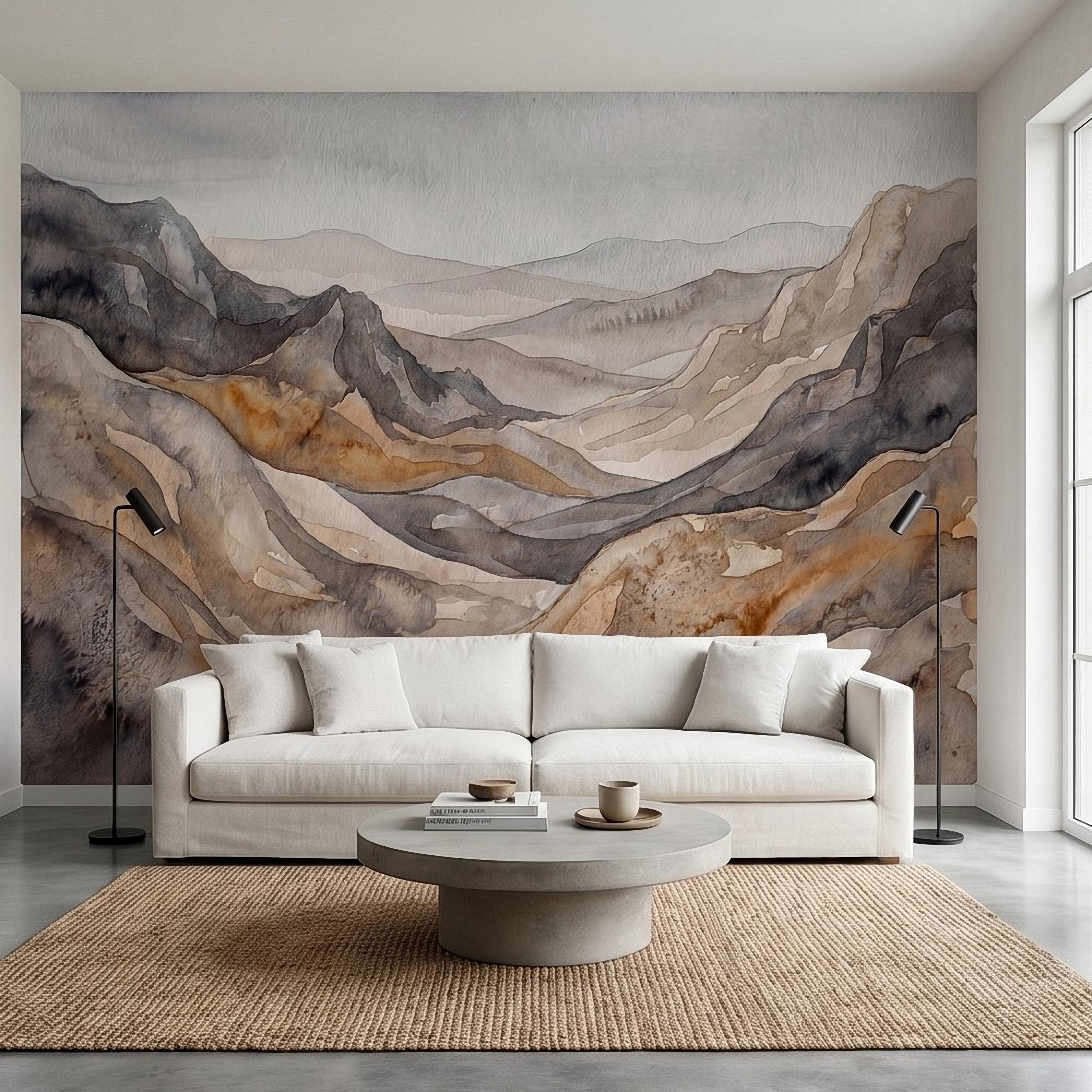 Neutral Watercolor Mountains Peel and Stick Wall Mural, Abstract Earth Tone Range, Minimal Boho Scandi Modern Hills Vista Wallpaper