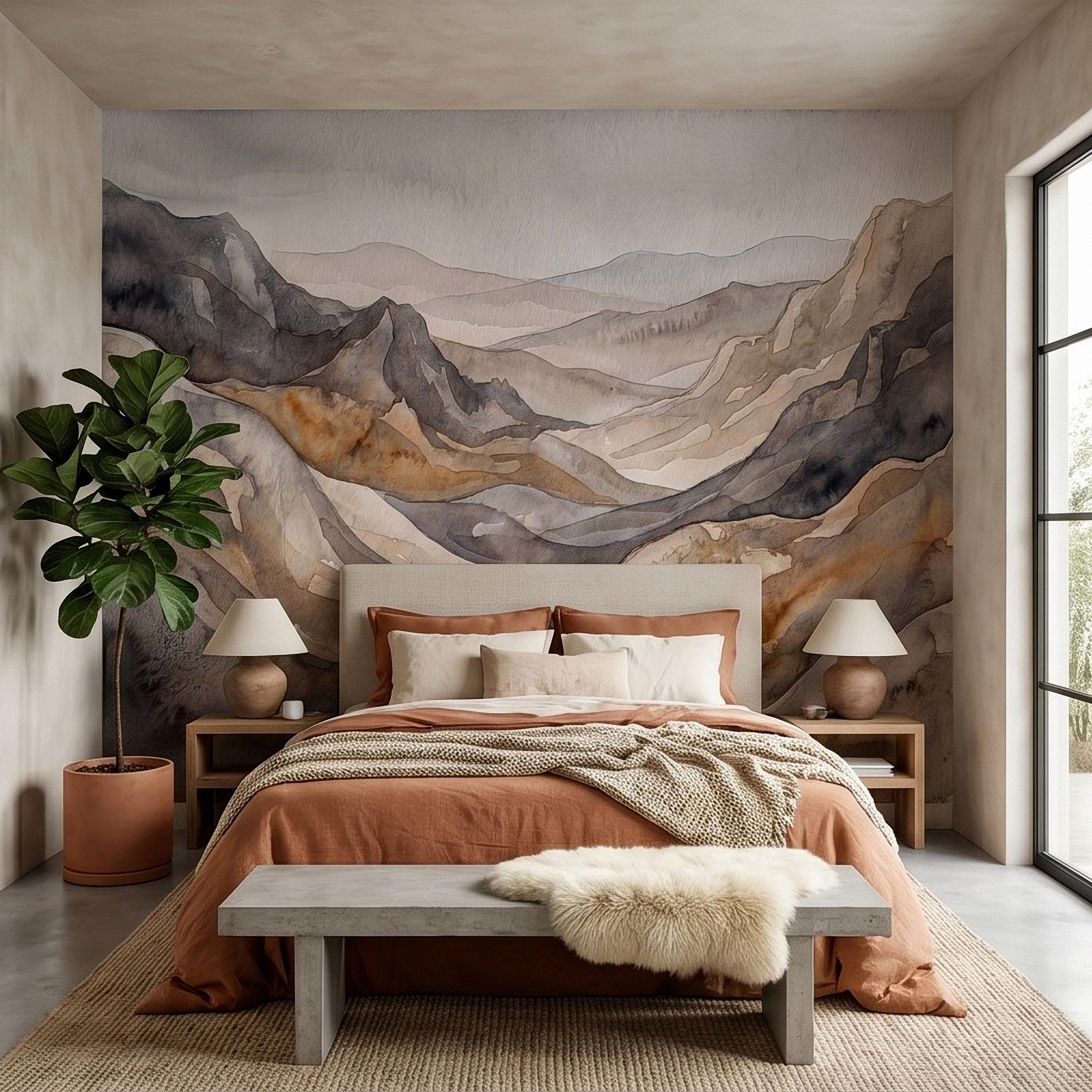 Neutral Watercolor Mountains Peel and Stick Wall Mural, Abstract Earth Tone Range, Minimal Boho Scandi Modern Hills Vista Wallpaper