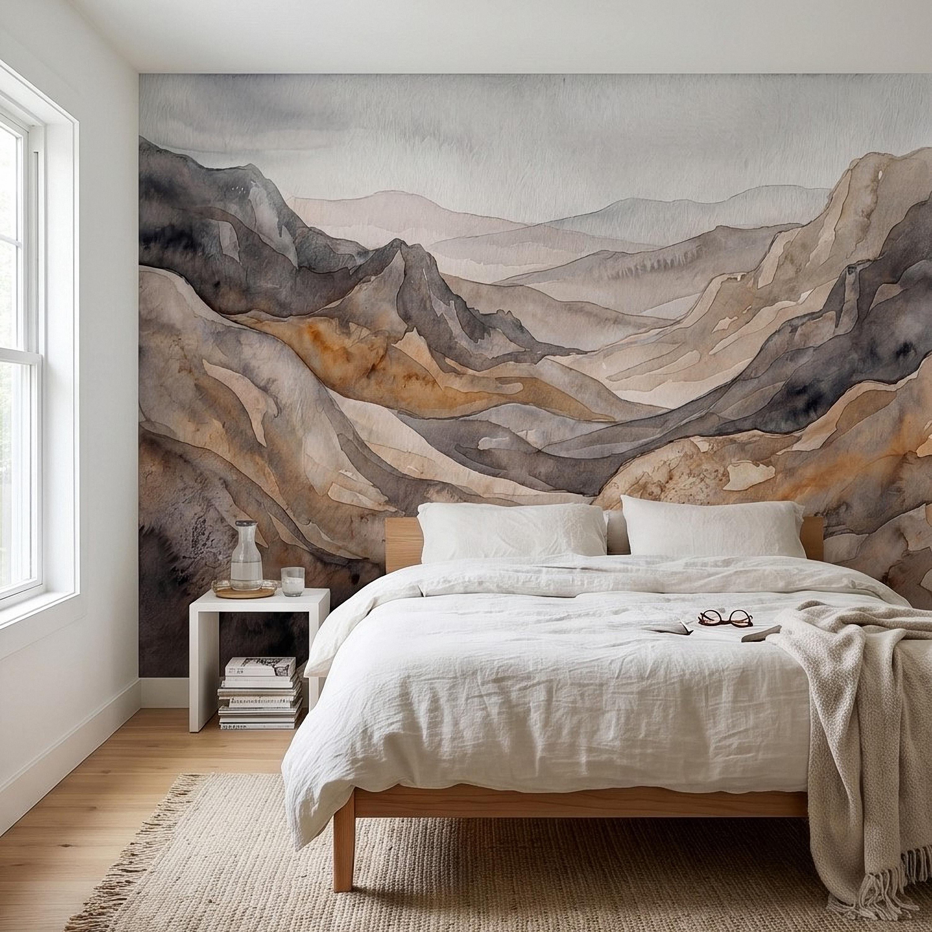 Neutral Watercolor Mountains Peel and Stick Wall Mural, Abstract Earth Tone Range, Minimal Boho Scandi Modern Hills Vista Wallpaper