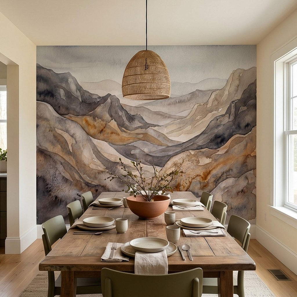 Neutral Watercolor Mountains Peel and Stick Wall Mural, Abstract Earth Tone Range, Minimal Boho Scandi Modern Hills Vista Wallpaper