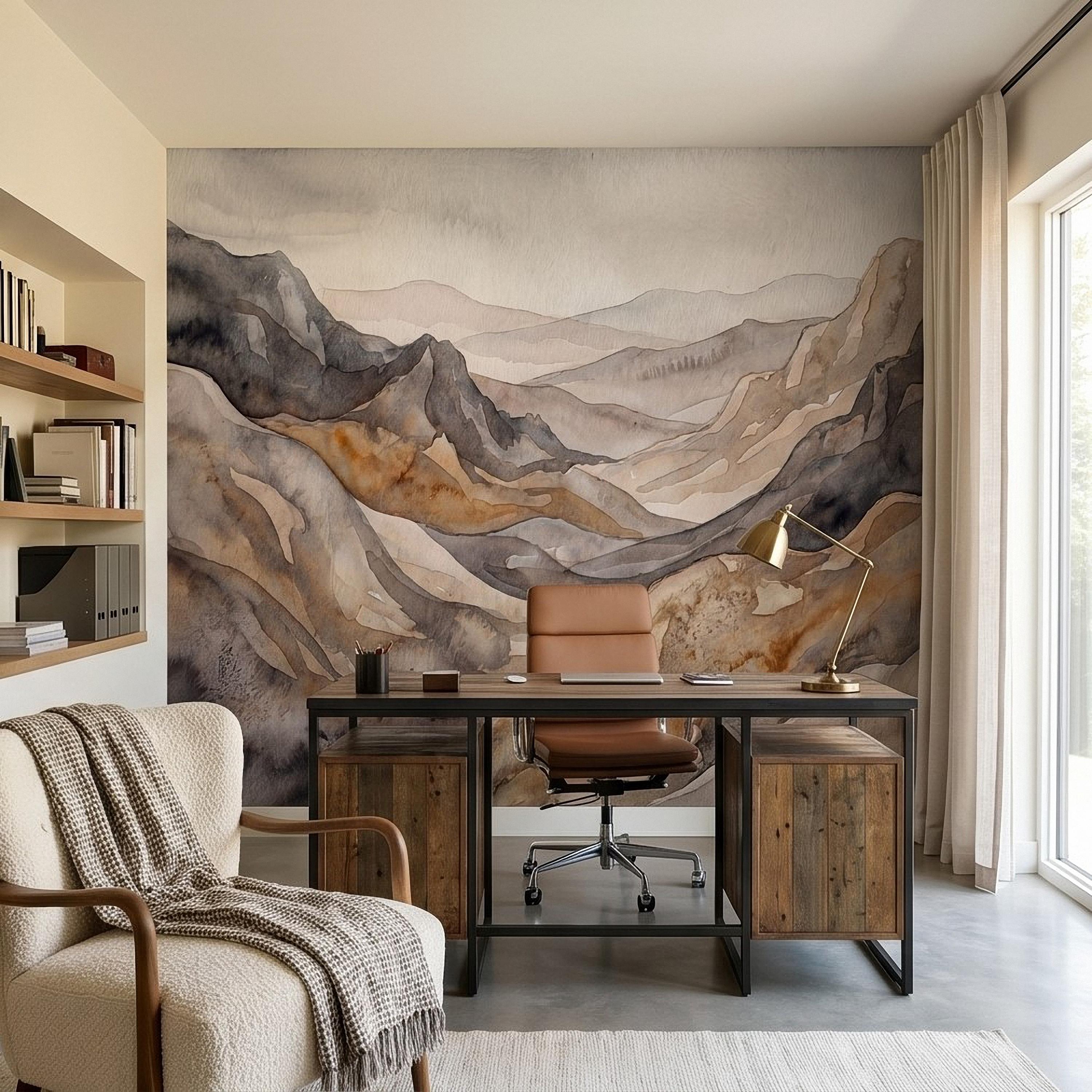 Neutral Watercolor Mountains Peel and Stick Wall Mural, Abstract Earth Tone Range, Minimal Boho Scandi Modern Hills Vista Wallpaper