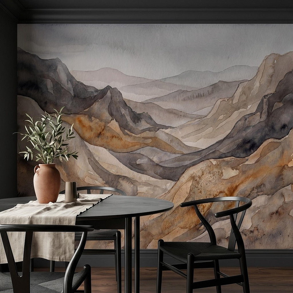Neutral Watercolor Mountains Peel and Stick Wall Mural, Abstract Earth Tone Range, Minimal Boho Scandi Modern Hills Vista Wallpaper