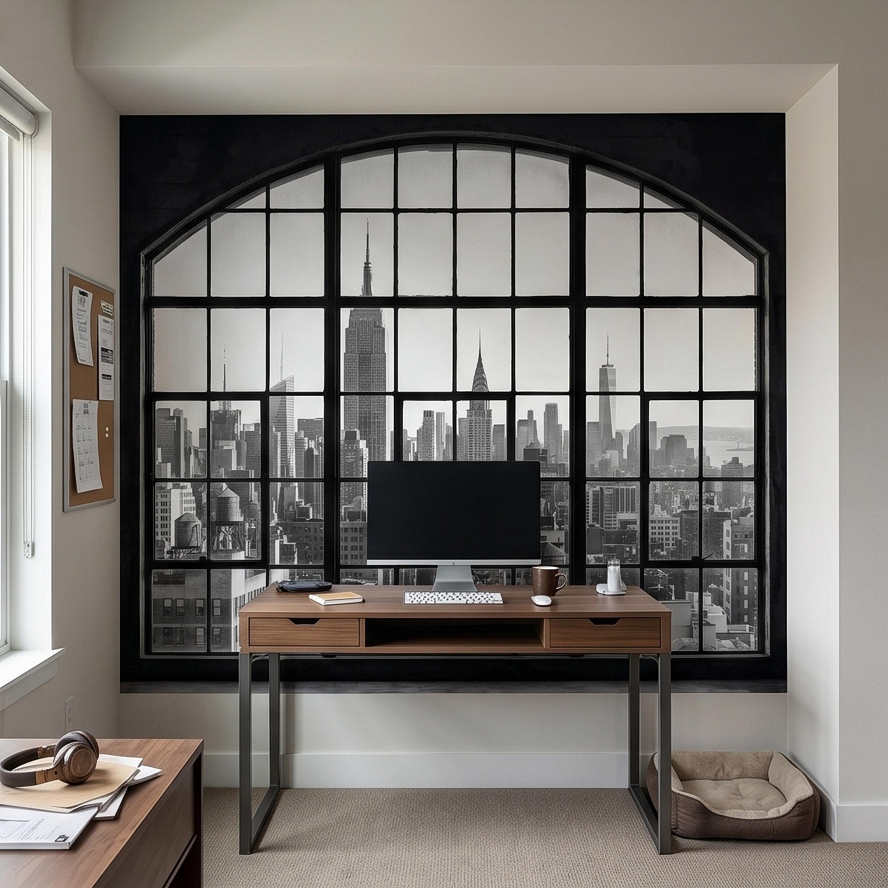 NYC Skyline Window Peel and Stick Wall Mural, Black and White New York City Loft View with Empire State Building, Industrial Photo Wallpaper