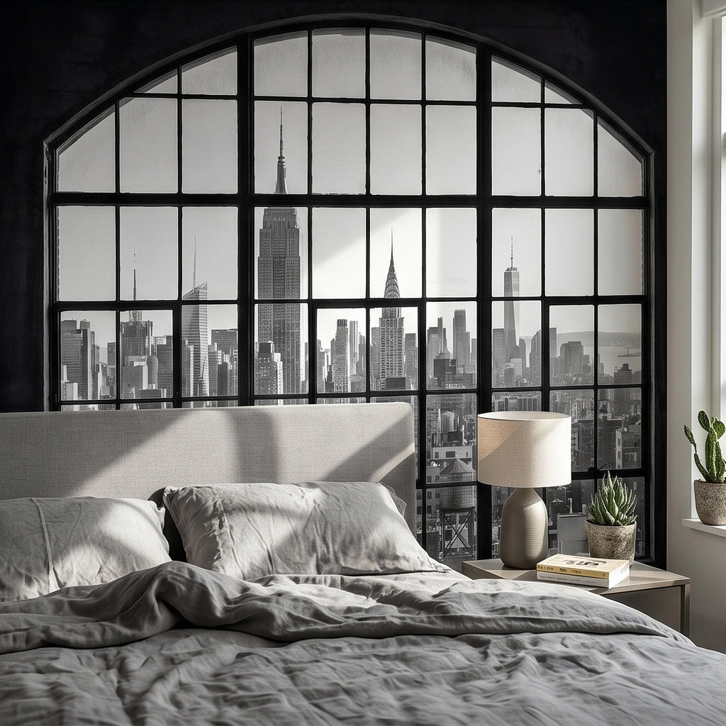 NYC Skyline Window Peel and Stick Wall Mural, Black and White New York City Loft View with Empire State Building, Industrial Photo Wallpaper