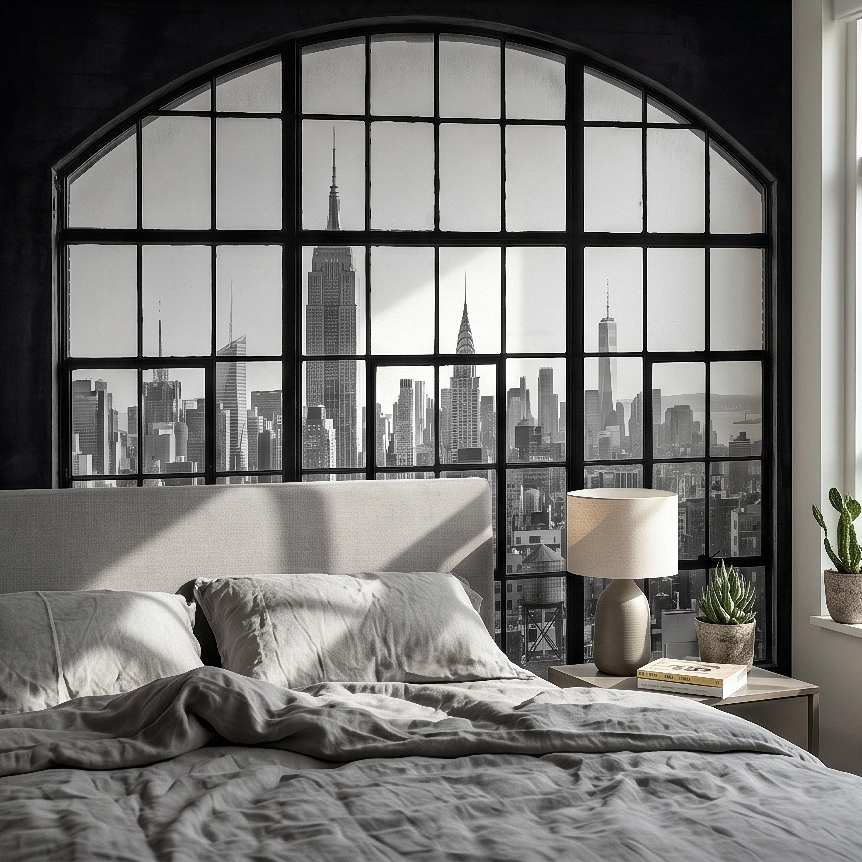 NYC Skyline Window Peel and Stick Wall Mural, Black and White New York City Loft View with Empire State Building, Industrial Photo Wallpaper