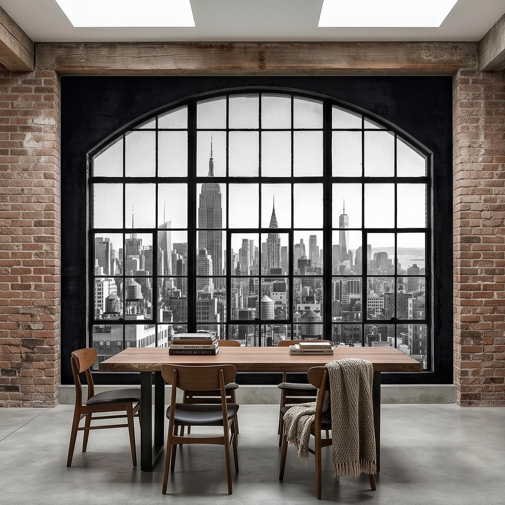 NYC Skyline Window Peel and Stick Wall Mural, Black and White New York City Loft View with Empire State Building, Industrial Photo Wallpaper