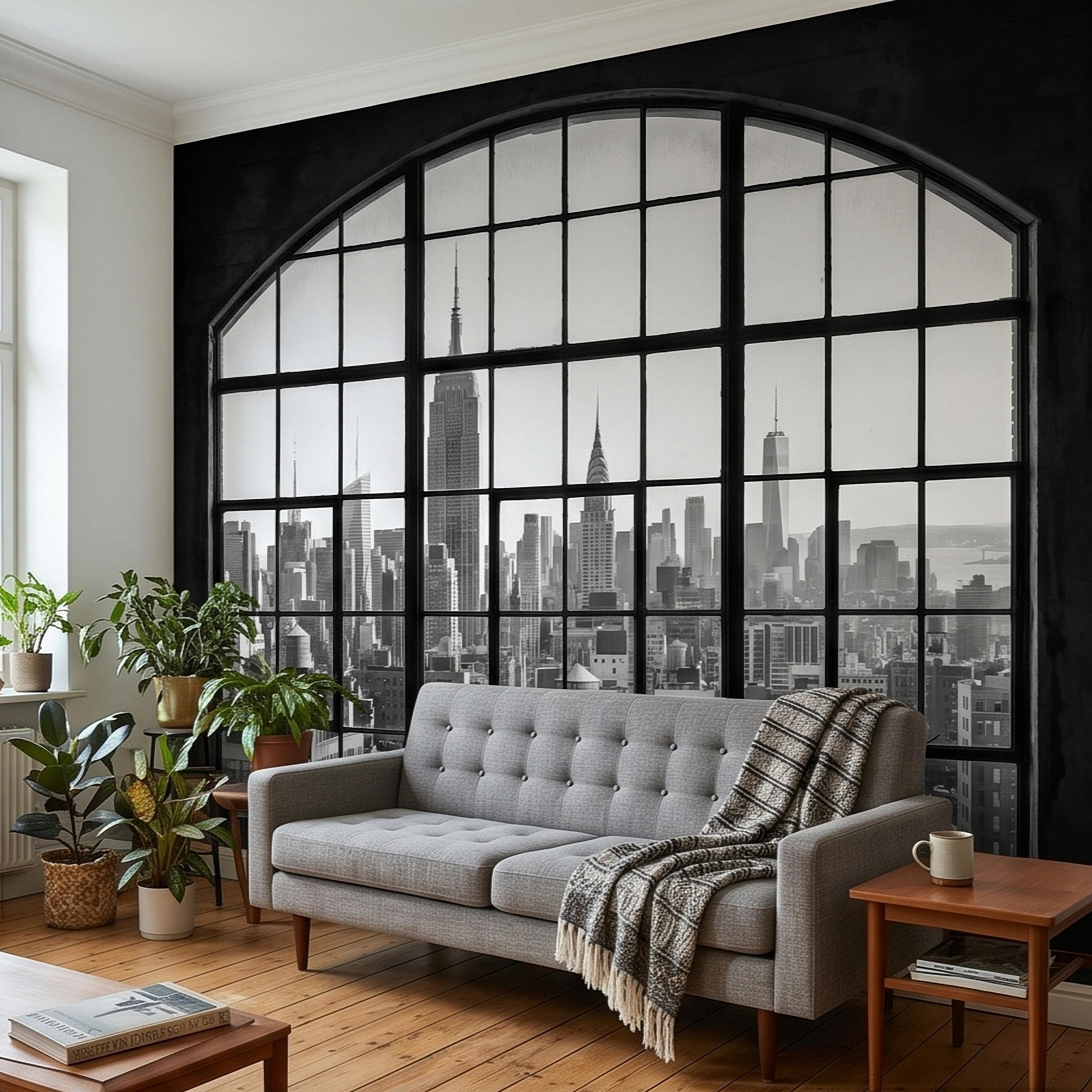 NYC Skyline Window Peel and Stick Wall Mural, Black and White New York City Loft View with Empire State Building, Industrial Photo Wallpaper