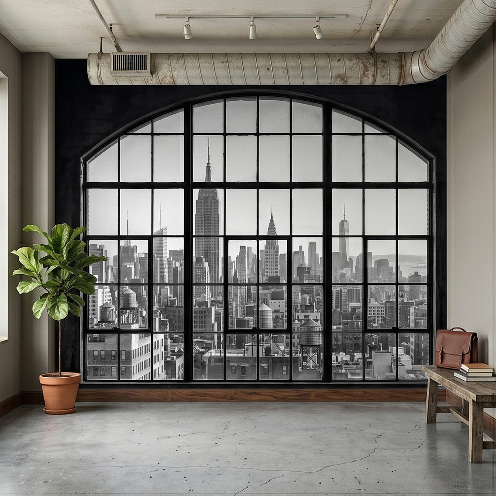 NYC Skyline Window Peel and Stick Wall Mural, Black and White New York City Loft View with Empire State Building, Industrial Photo Wallpaper