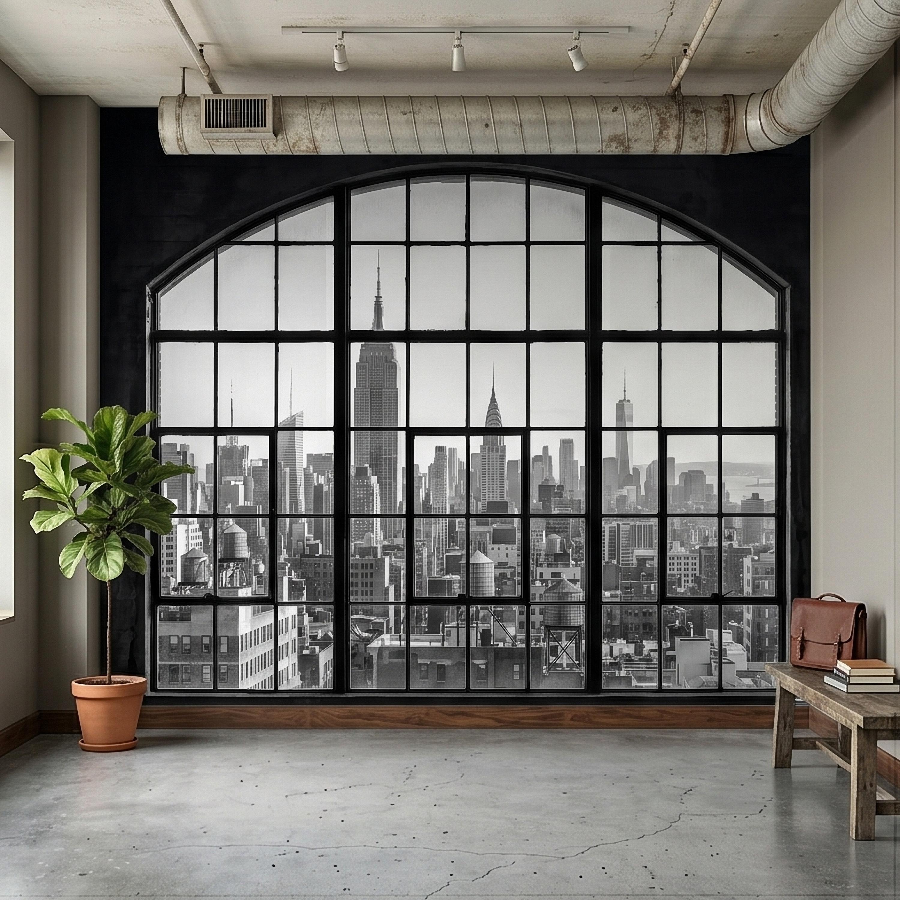 NYC Skyline Window Peel and Stick Wall Mural, Black and White New York City Loft View with Empire State Building, Industrial Photo Wallpaper